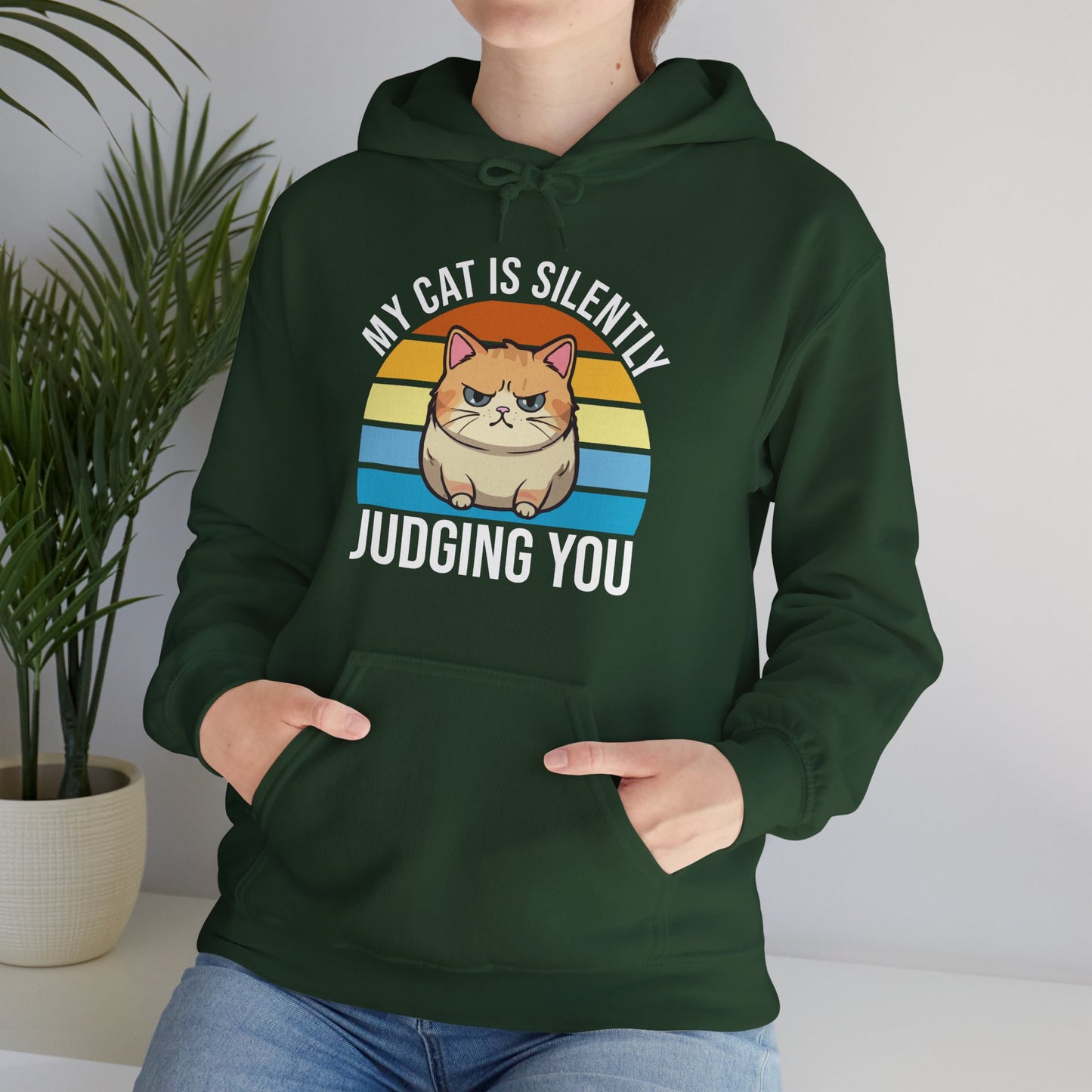 “My Cat Is Silently Judging You” Funny Cat Lover Hoodie – Snarky Unisex Pullover Gift for Pet Parents, Introverts & Feline Fans