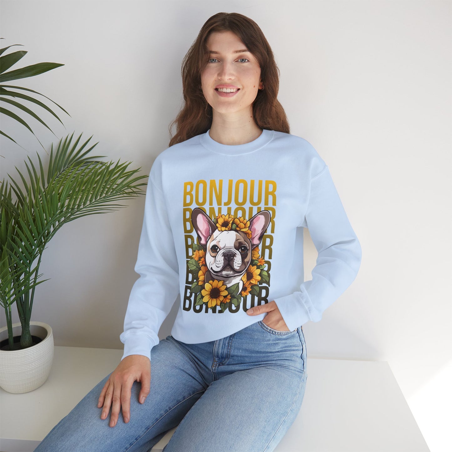 French Bulldog Sunflower Sweatshirt – Cute Bonjour Frenchie Pullover for Dog Lovers, Cozy Fall Gift for Her