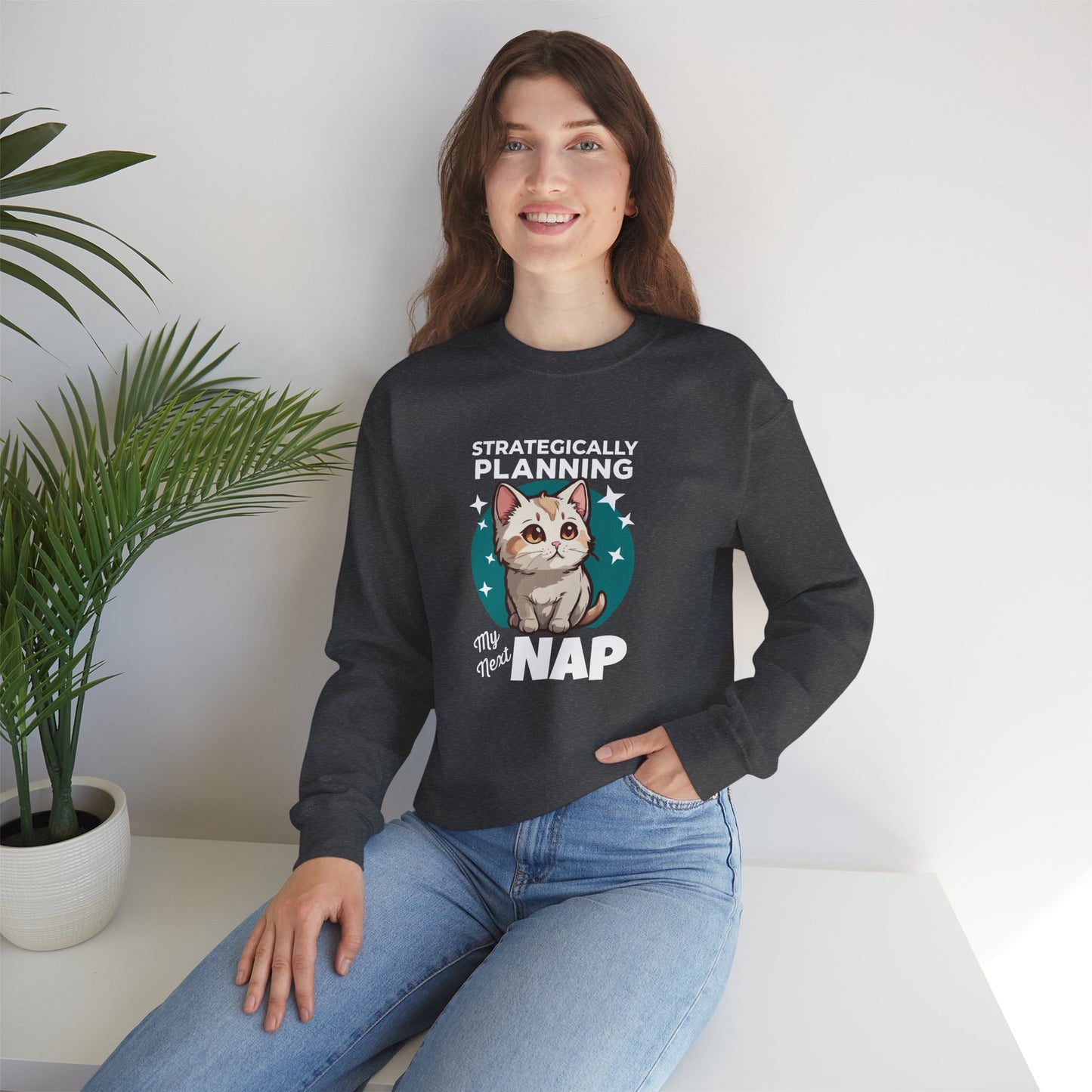 “Strategically Planning My Next Nap” Funny Cat Sweatshirt – Lazy Cat Lover Gift, Cozy Unisex Pullover for Pet Parents, Introverts & Nap Queens