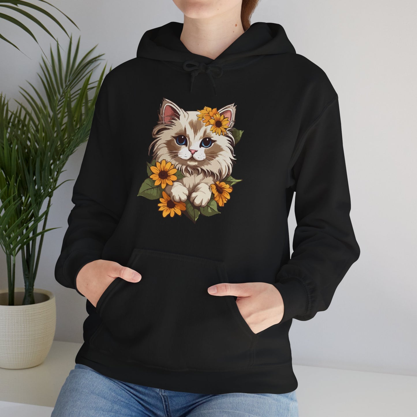 Cute Cat Floral Hoodie, Cozy Cat Lover Gift, Spring Apparel, Sunflower Design, Animal Lover Clothing