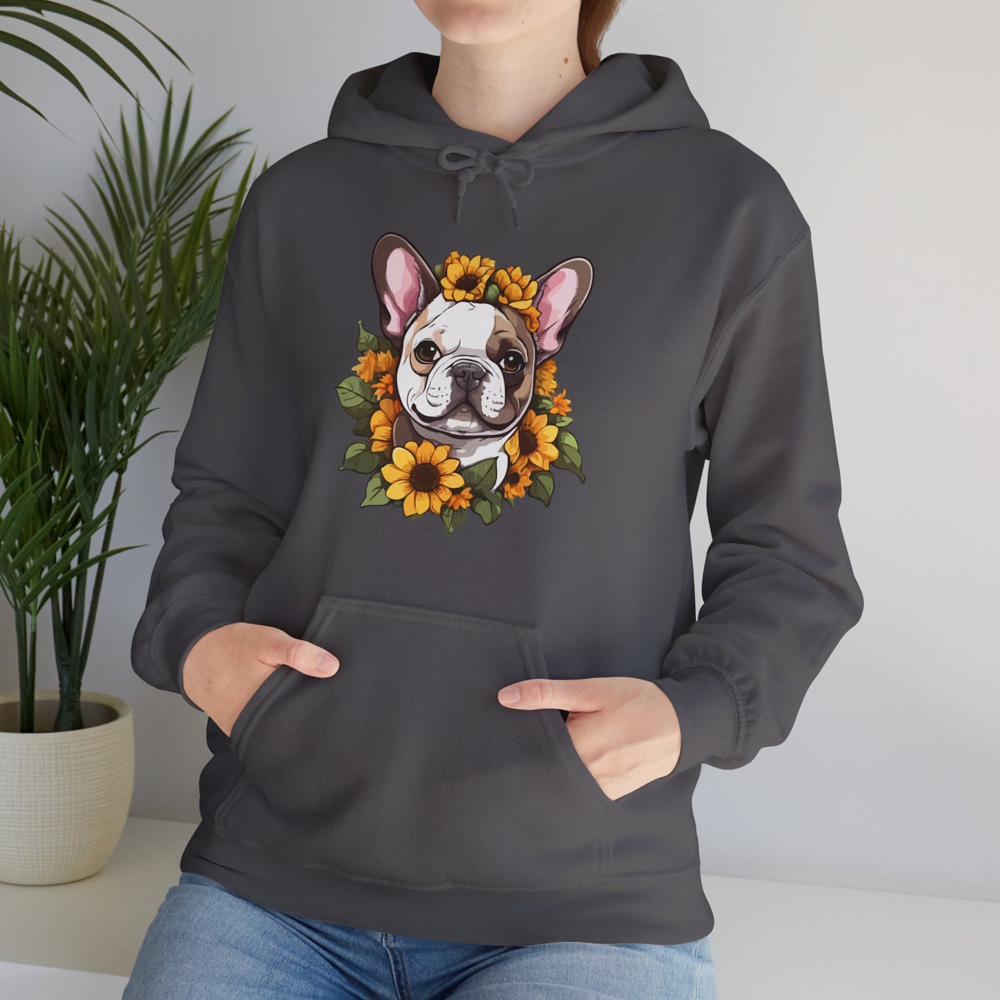 French Bulldog Sunflower Hoodie – Cute Bonjour Frenchie Pullover for Dog Lovers, Cozy Floral Gift for Pet Owners