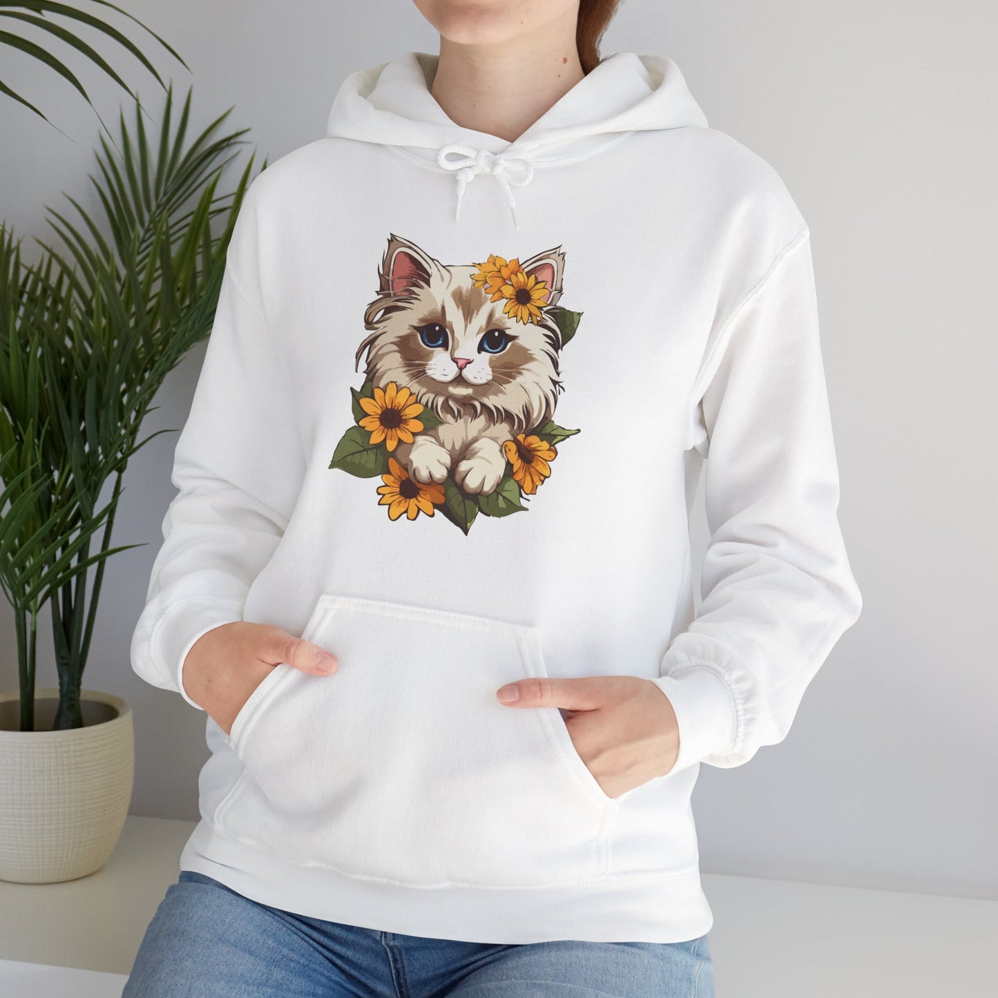 Cute Cat Floral Hoodie, Cozy Cat Lover Gift, Spring Apparel, Sunflower Design, Animal Lover Clothing