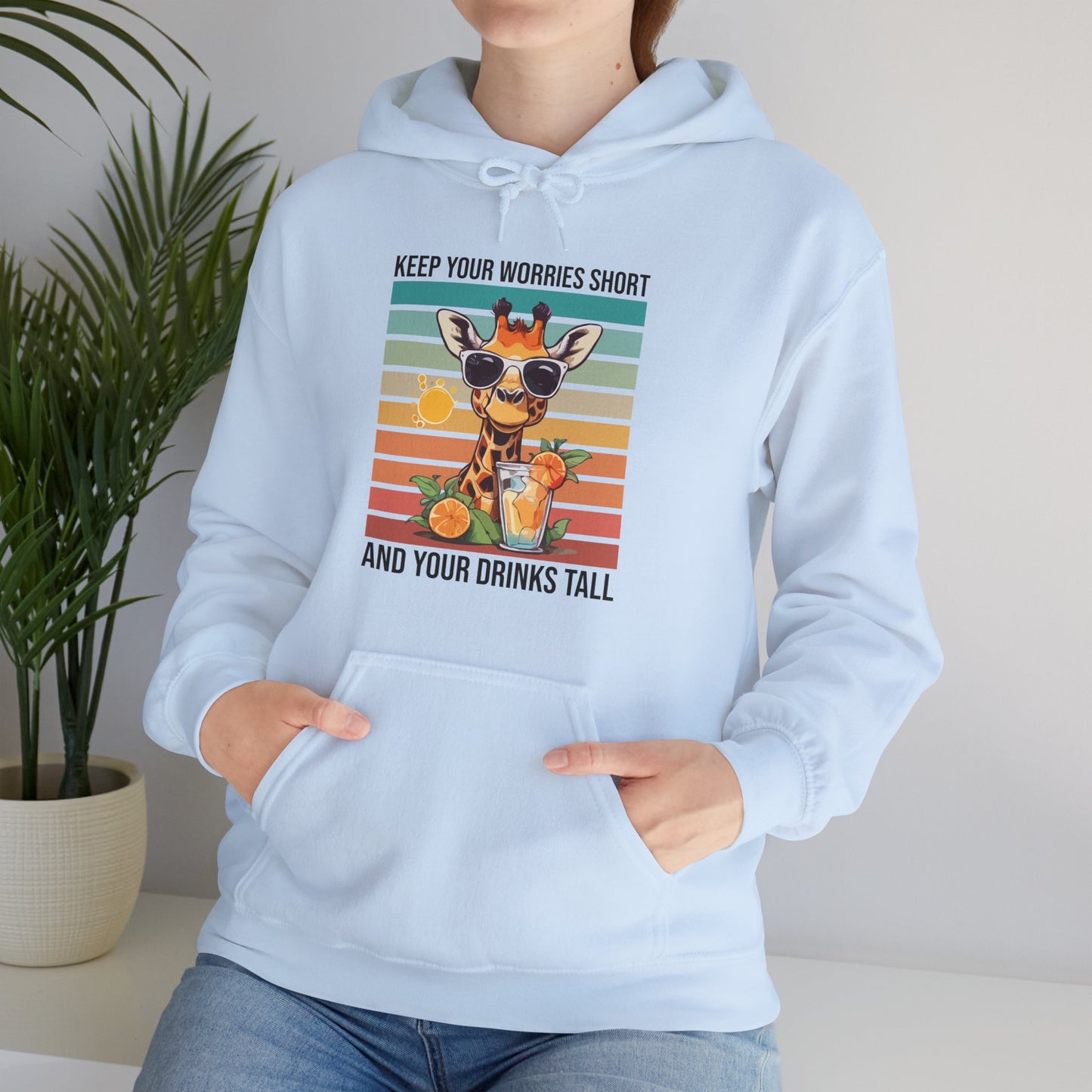 “Keep Your Worries Short & Your Drinks Tall” Giraffe Hoodie – Funny Summer Citrus Spritz Graphic, Cool Animal Lover Gift, Tropical Party Vibes