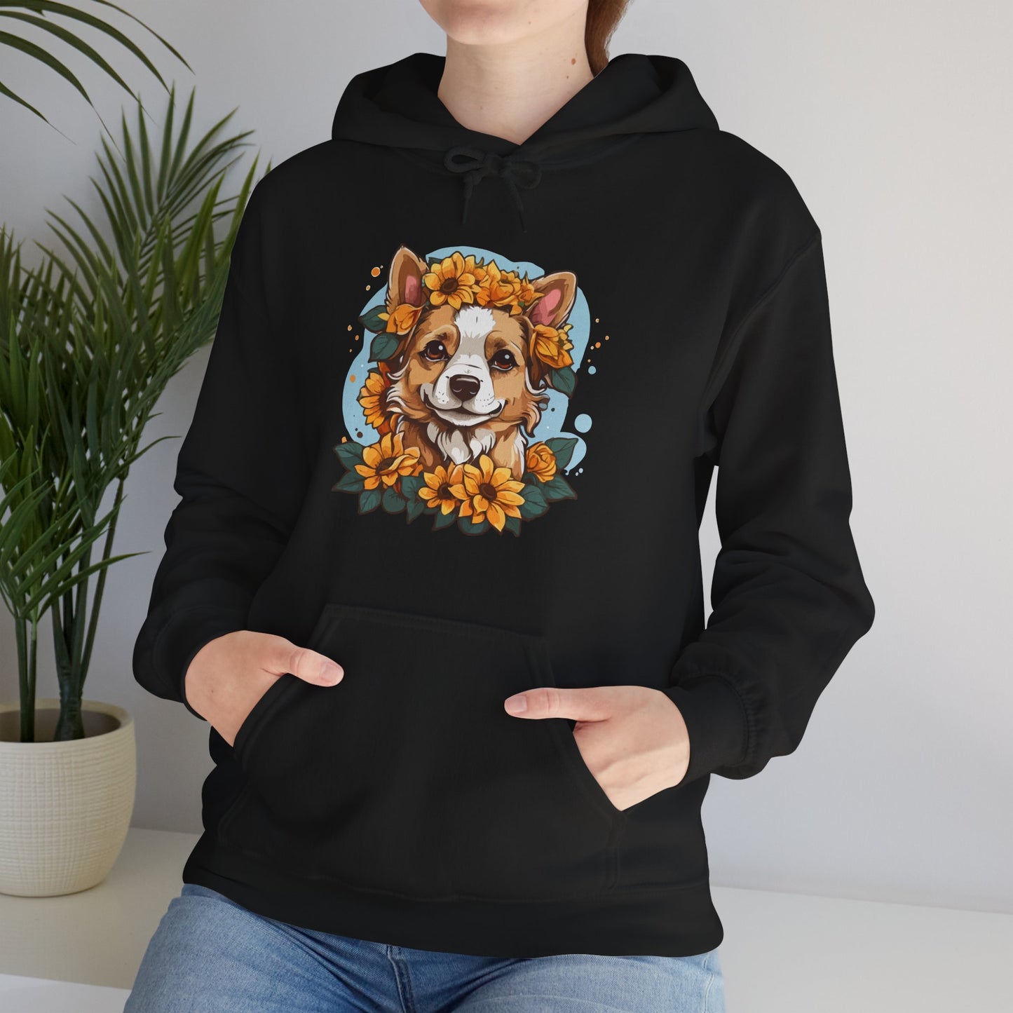 Cute Happy Dog with Sunflowers Hoodie – Floral Dog Lover Hooded Sweatshirt