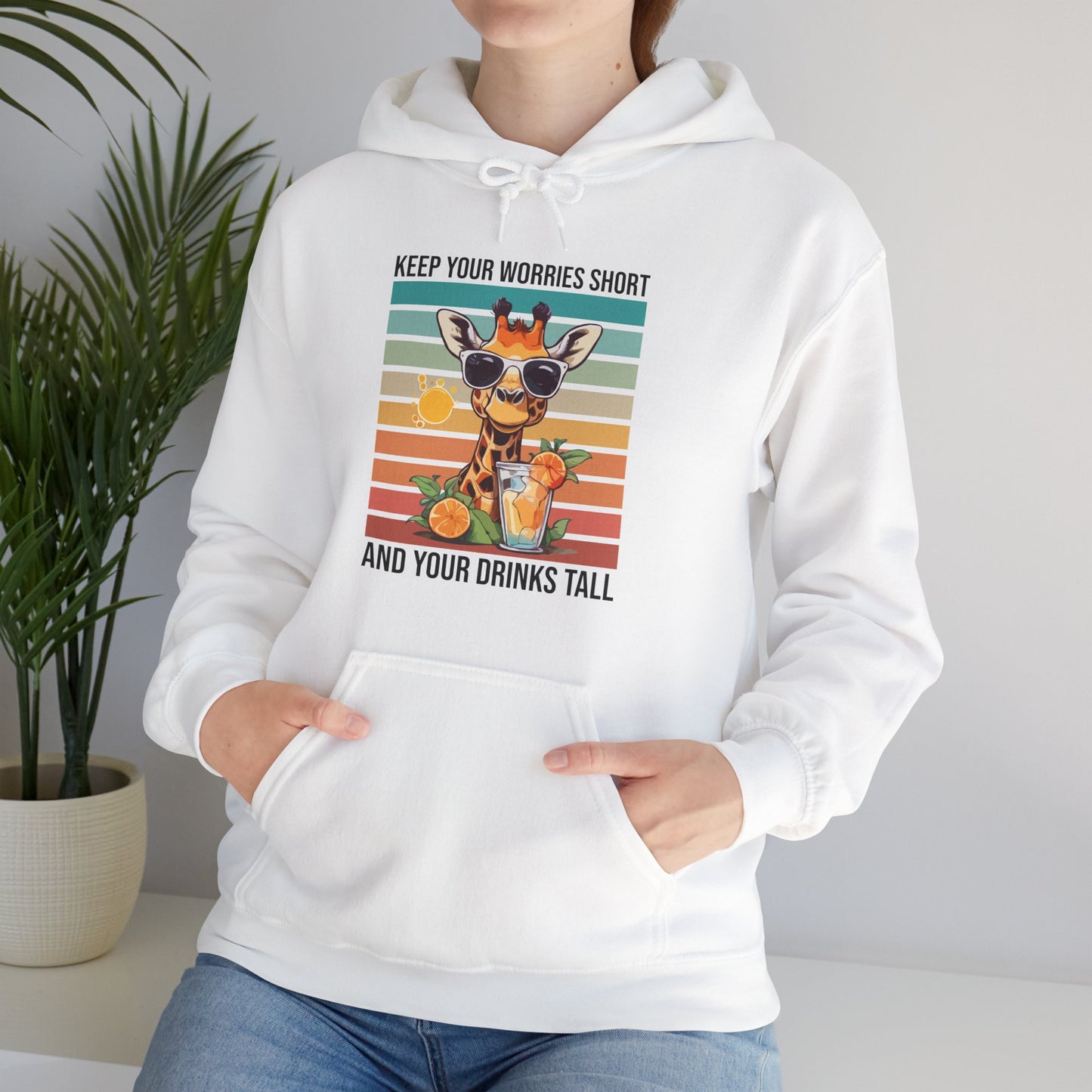 “Keep Your Worries Short & Your Drinks Tall” Giraffe Hoodie – Funny Summer Citrus Spritz Graphic, Cool Animal Lover Gift, Tropical Party Vibes