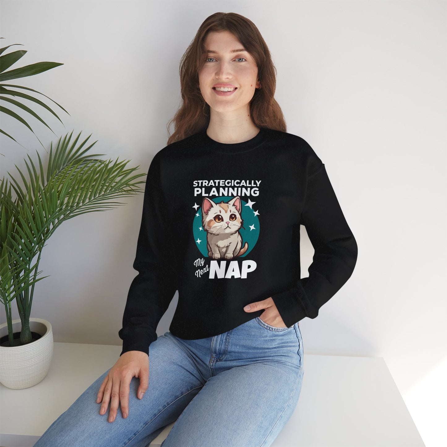 “Strategically Planning My Next Nap” Funny Cat Sweatshirt – Lazy Cat Lover Gift, Cozy Unisex Pullover for Pet Parents, Introverts & Nap Queens