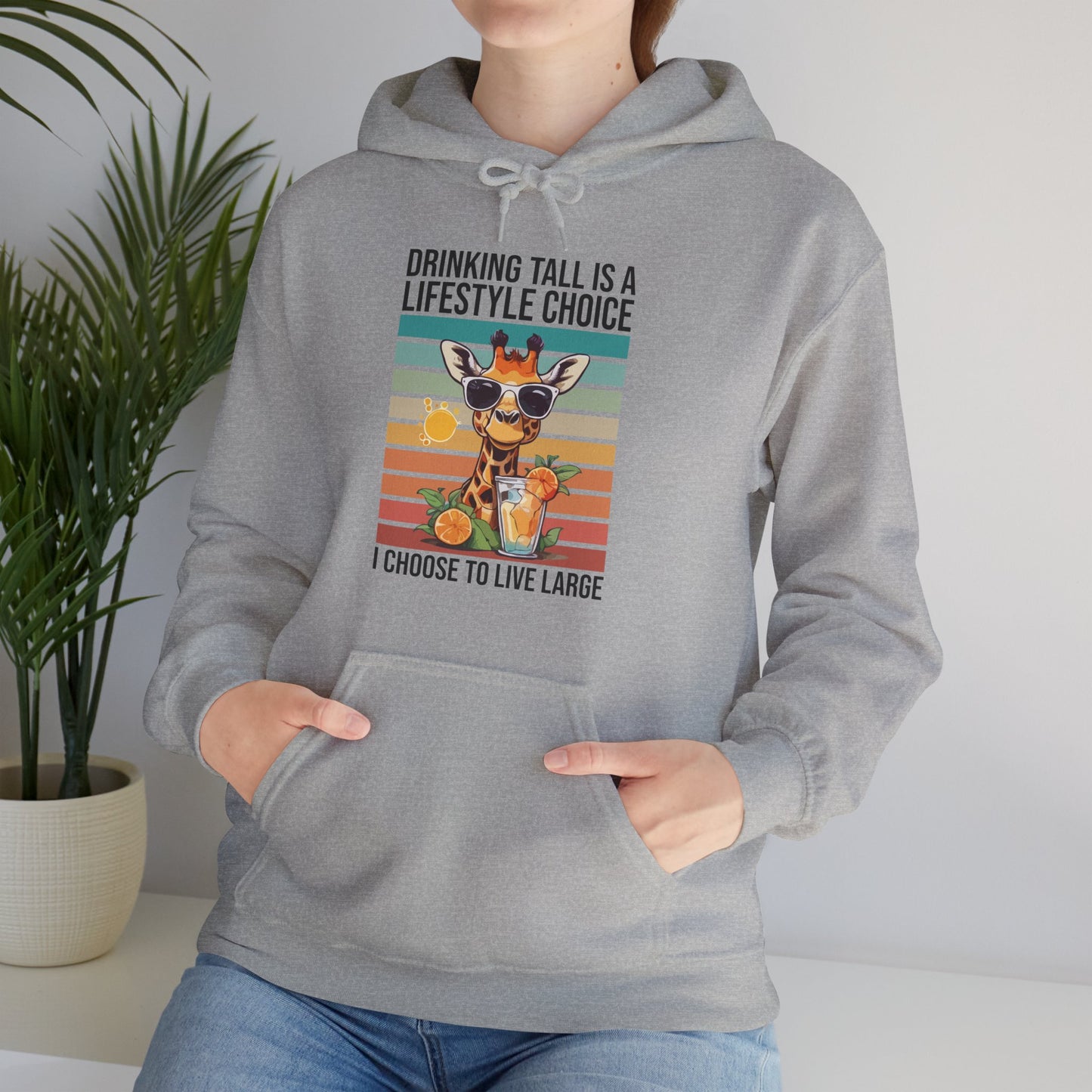 “Drinking Tall Is a Lifestyle Choice” Funny Giraffe Summer Hoodie – Citrus Sunset Spritz Graphic, Bold Animal Lover Gift, Live Large in Style