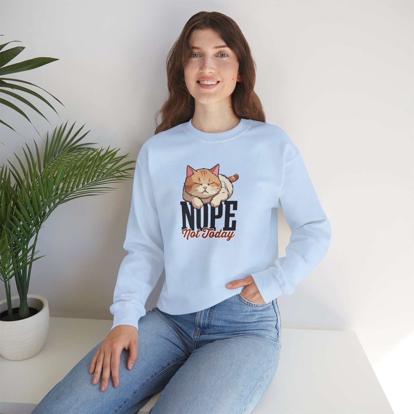 Funny Lazy Cat Sweatshirt – “Nope, Not Today” Quote Pullover for Cat Lovers, Introverts & Nap Queens
