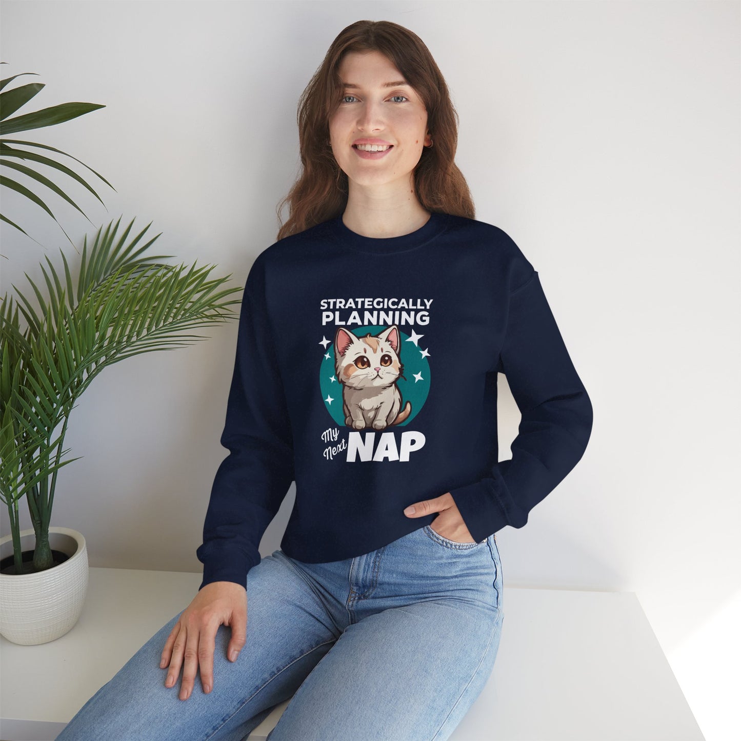 “Strategically Planning My Next Nap” Funny Cat Sweatshirt – Lazy Cat Lover Gift, Cozy Unisex Pullover for Pet Parents, Introverts & Nap Queens