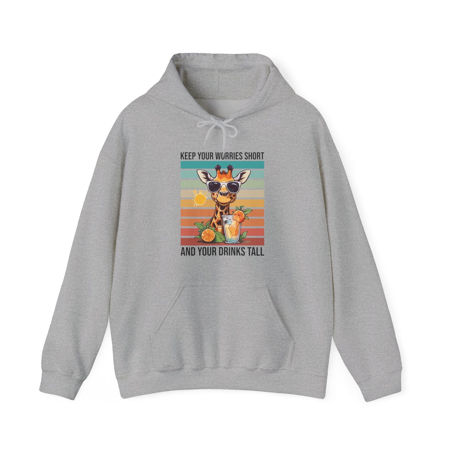 “Keep Your Worries Short & Your Drinks Tall” Giraffe Hoodie – Funny Summer Citrus Spritz Graphic, Cool Animal Lover Gift, Tropical Party Vibes