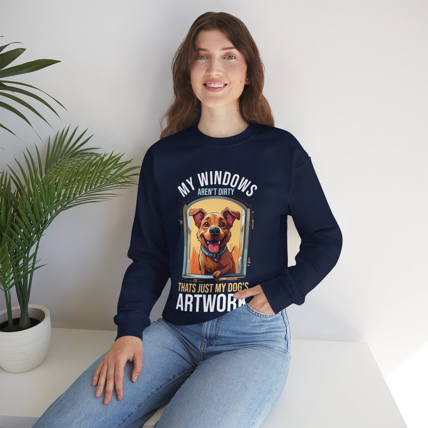 “My Windows Aren’t Dirty, That’s Just My Dog’s Artwork” Funny Dog Lover Sweatshirt – Cute Unisex Pullover Gift for Pet Parents & Dog Moms & Dads
