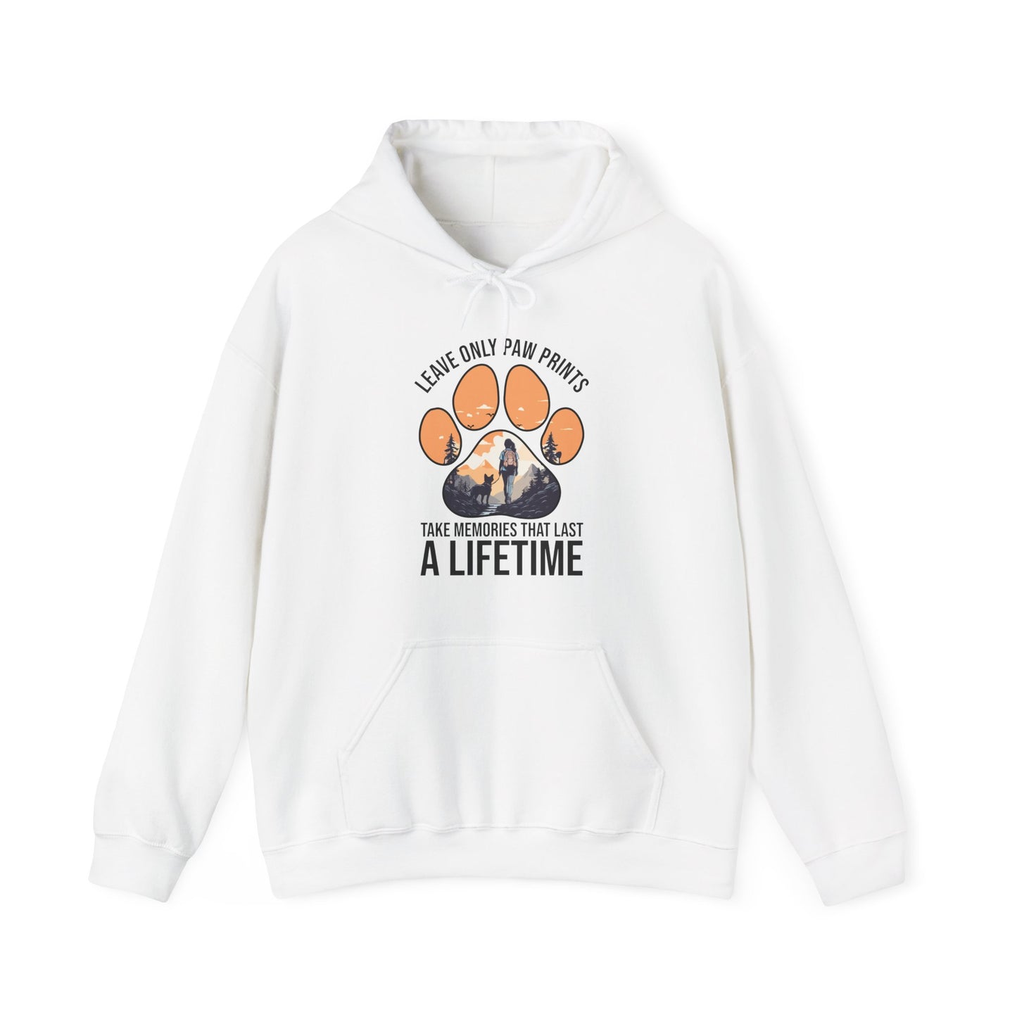 “Leave Only Paw Prints, Take Memories That Last a Lifetime” Hiking Dog Lover Hoodie – Cozy Unisex Nature Adventure Pullover for Outdoor Pet Parents