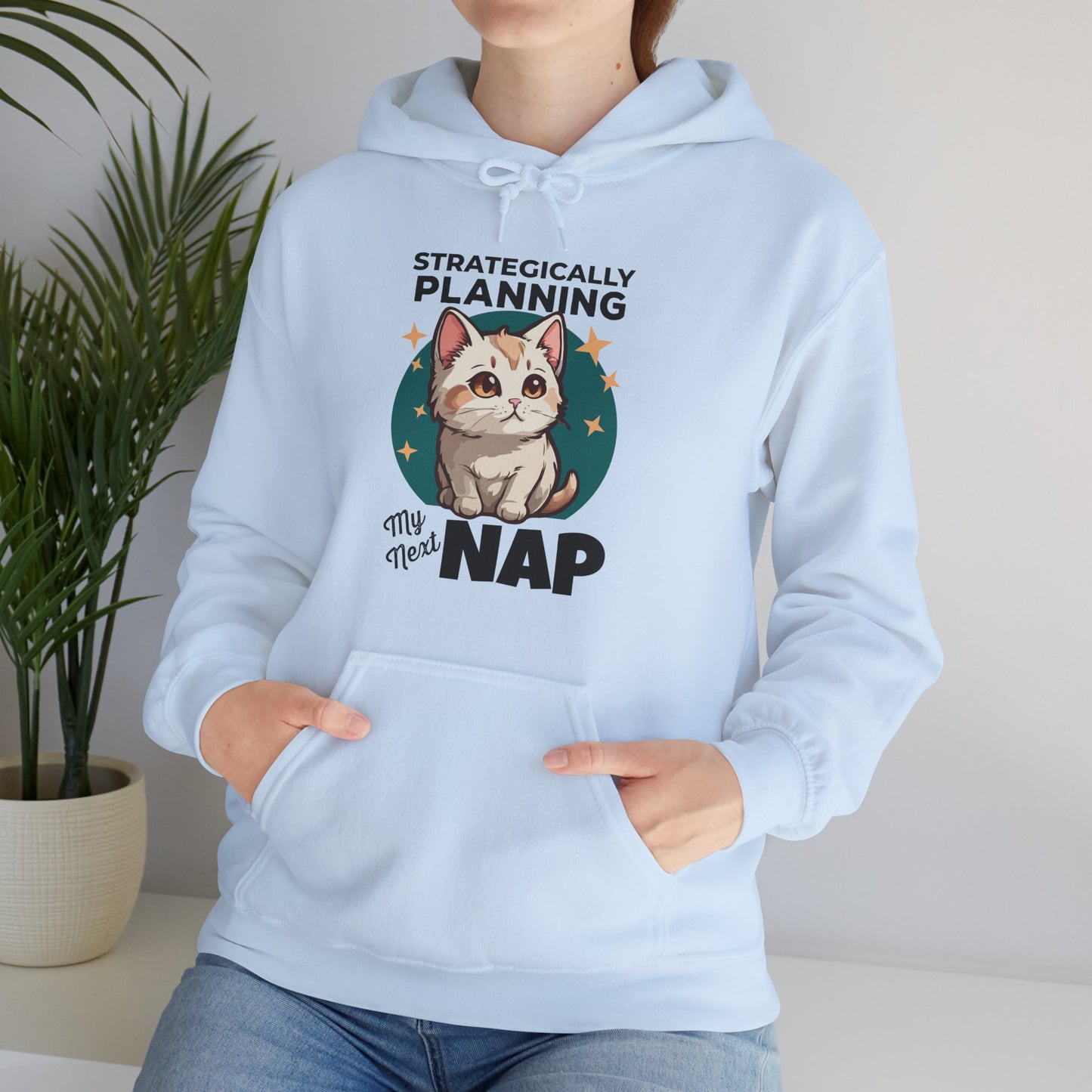“Strategically Planning My Next Nap” Funny Cat Hoodie – Lazy Cat Lover Gift, Cozy Unisex Pullover for Pet Parents, Nap Queens & Introverts