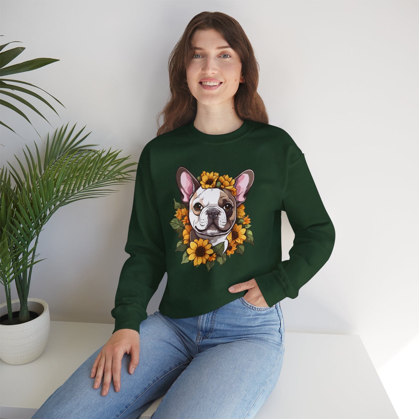 French Bulldog Sunflower Sweatshirt – Cute Bonjour Frenchie Crewneck for Dog Lovers, Cozy Floral Gift for Pet Moms & Dads