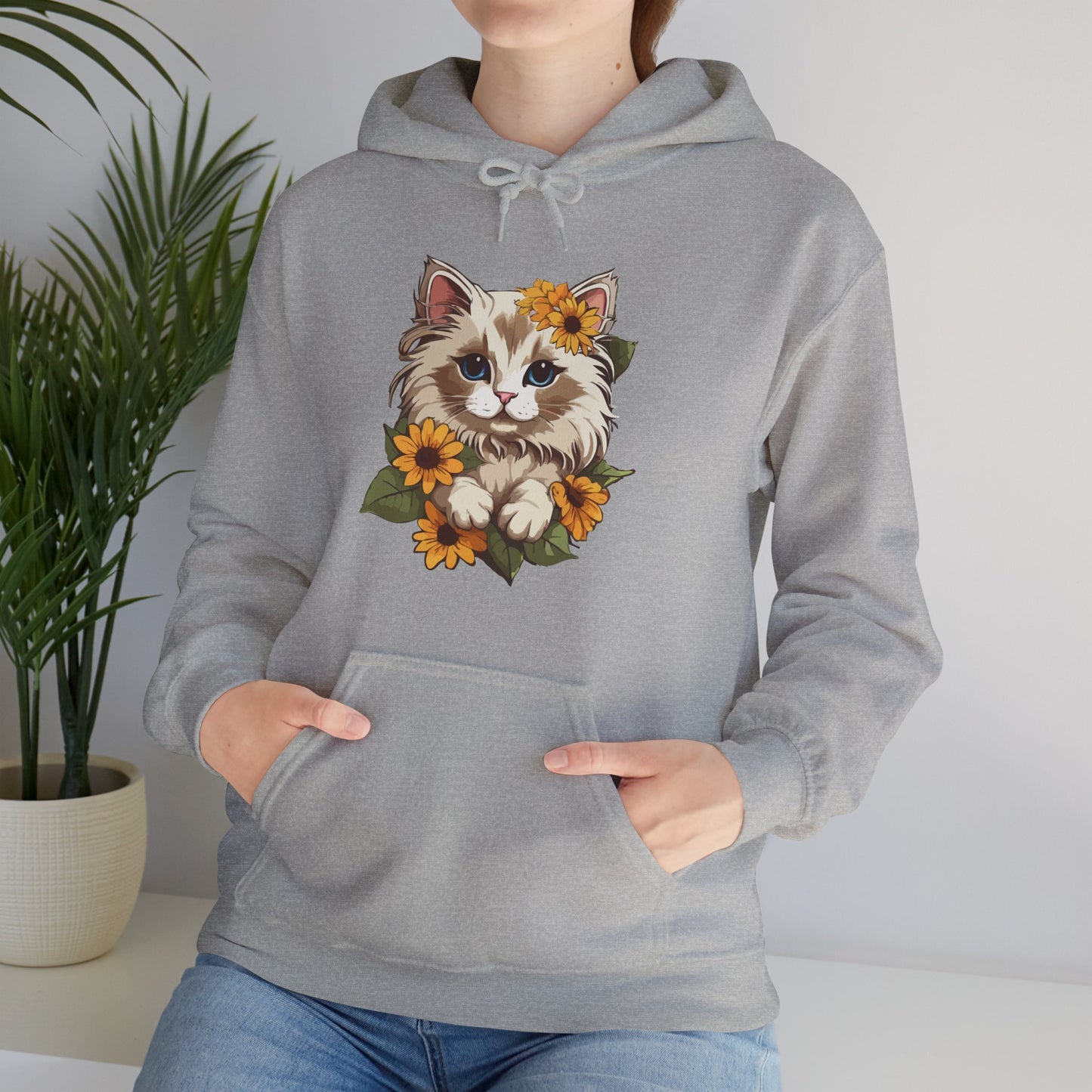 Cute Cat Floral Hoodie, Cozy Cat Lover Gift, Spring Apparel, Sunflower Design, Animal Lover Clothing