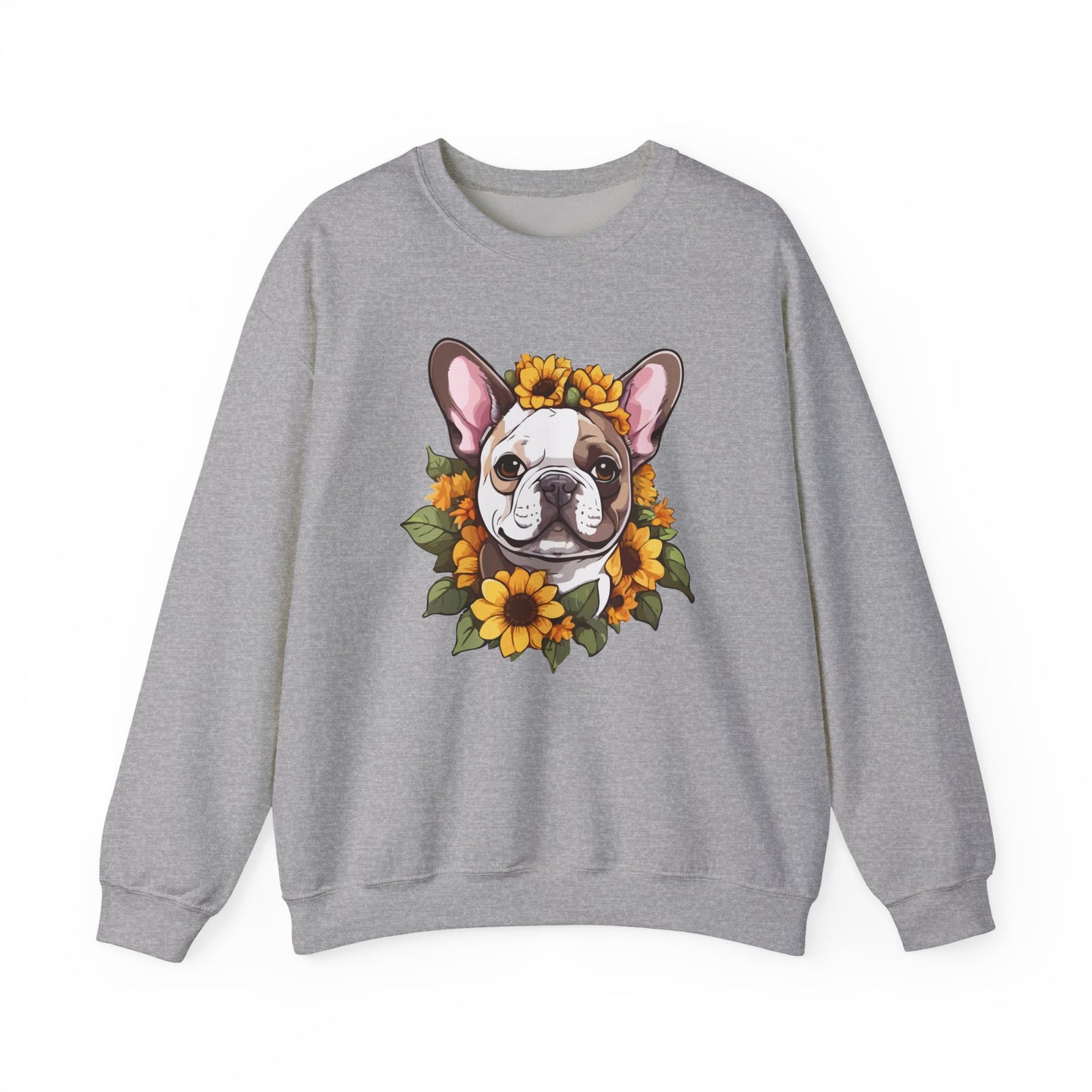 French Bulldog Sunflower Sweatshirt – Cute Bonjour Frenchie Crewneck for Dog Lovers, Cozy Floral Gift for Pet Moms & Dads
