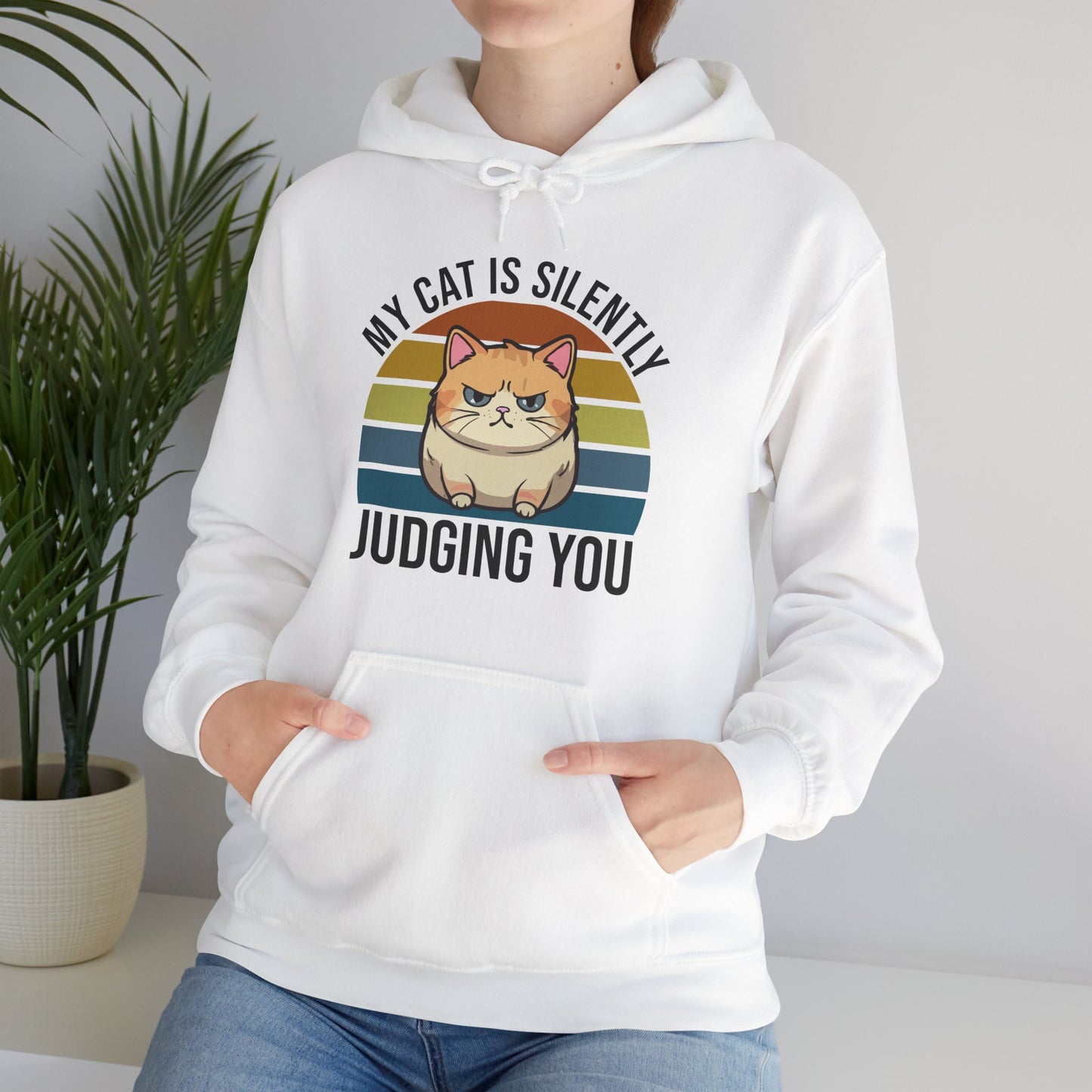 “My Cat Is Silently Judging You” Funny Cat Lover Hoodie – Snarky Unisex Pullover Gift for Pet Parents, Introverts & Feline Fans