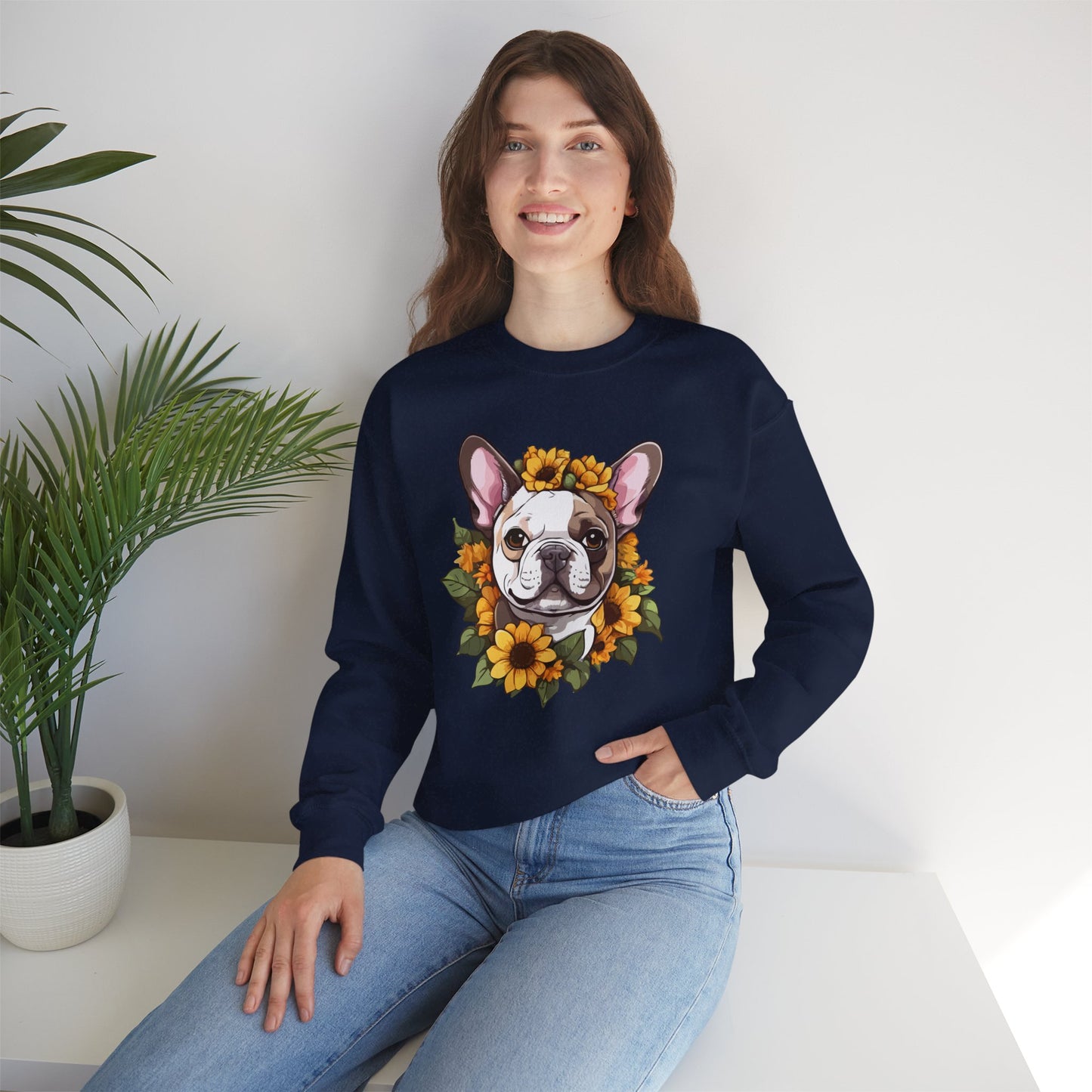 French Bulldog Sunflower Sweatshirt – Cute Bonjour Frenchie Crewneck for Dog Lovers, Cozy Floral Gift for Pet Moms & Dads