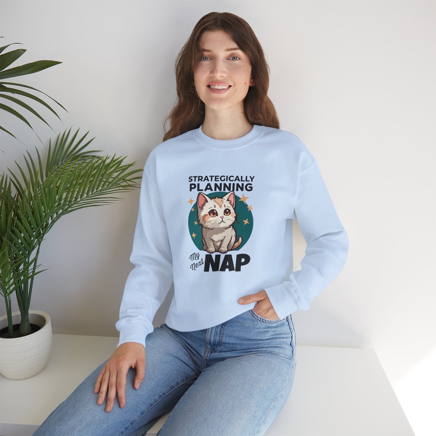 “Strategically Planning My Next Nap” Funny Cat Sweatshirt – Lazy Cat Lover Gift, Cozy Unisex Pullover for Pet Parents, Introverts & Nap Queens