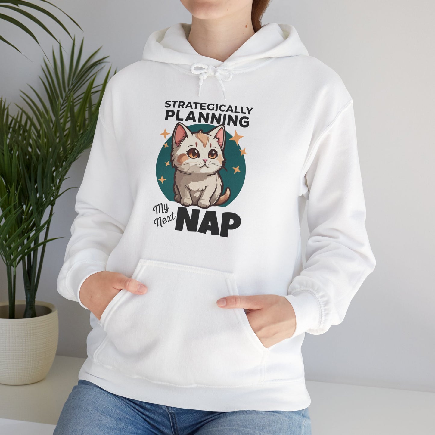 “Strategically Planning My Next Nap” Funny Cat Hoodie – Lazy Cat Lover Gift, Cozy Unisex Pullover for Pet Parents, Nap Queens & Introverts