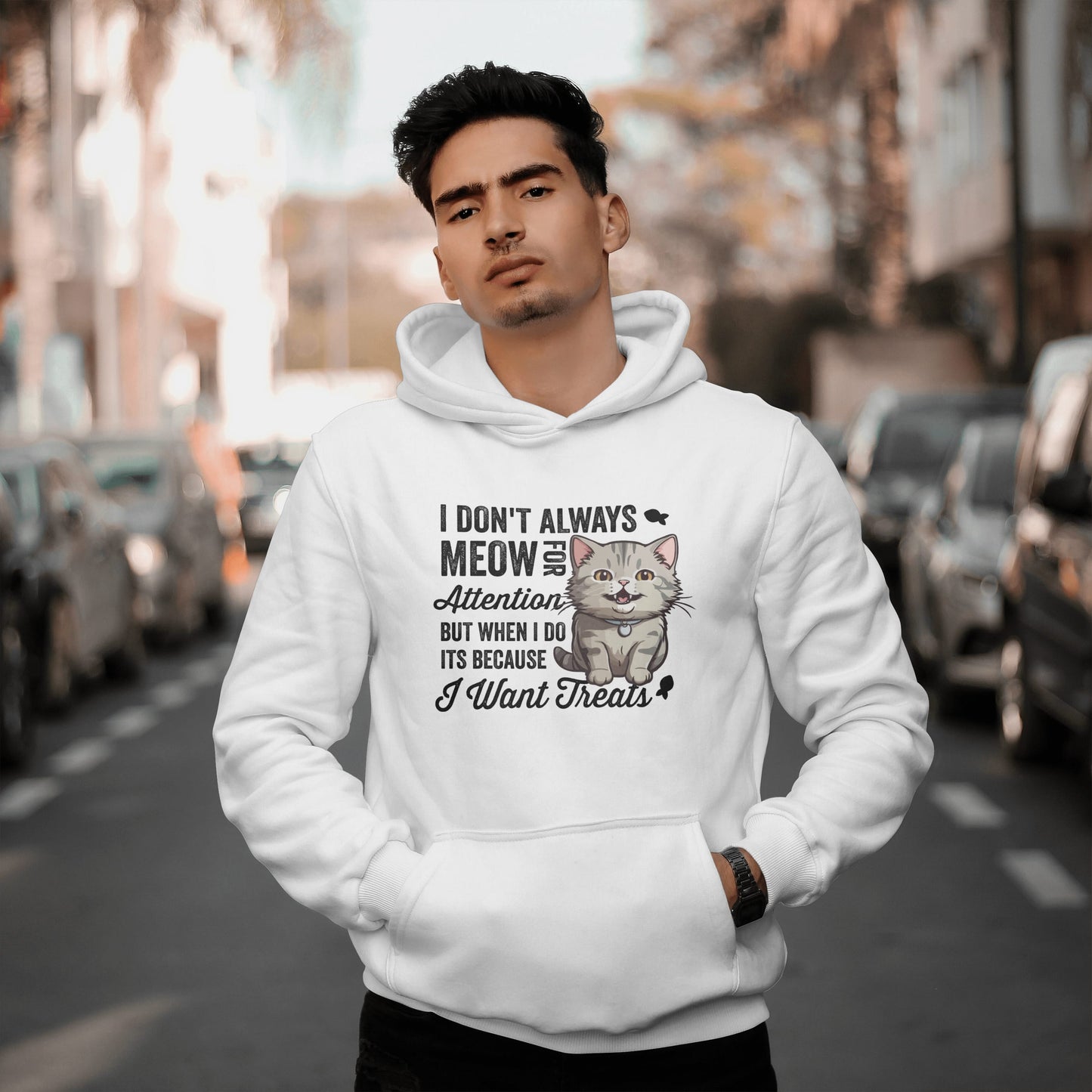 Funny Cat Hoodie – “I Don’t Always Meow for Attention” Quote, Cozy Unisex Pullover for Cat Moms & Dads, Cute Pet Lover Gift