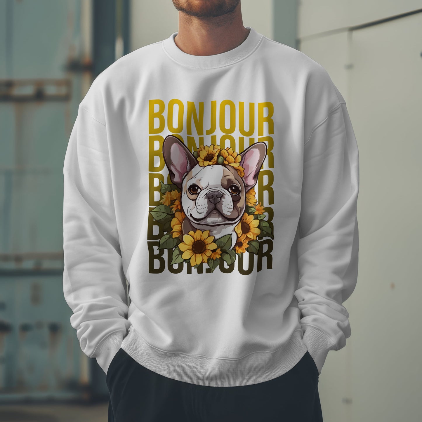 French Bulldog Sunflower Sweatshirt – Cute Bonjour Frenchie Pullover for Dog Lovers, Cozy Fall Gift for Her