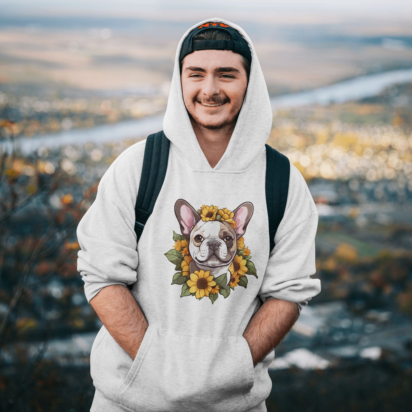 French Bulldog Sunflower Hoodie – Cute Bonjour Frenchie Pullover for Dog Lovers, Cozy Floral Gift for Pet Owners
