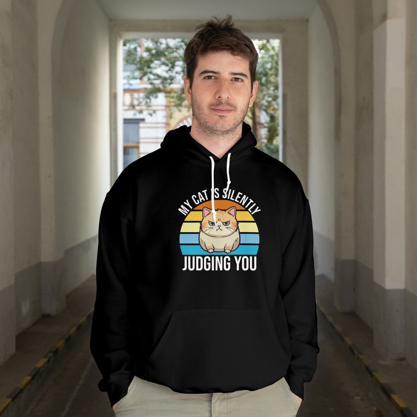 “My Cat Is Silently Judging You” Funny Cat Lover Hoodie – Snarky Unisex Pullover Gift for Pet Parents, Introverts & Feline Fans
