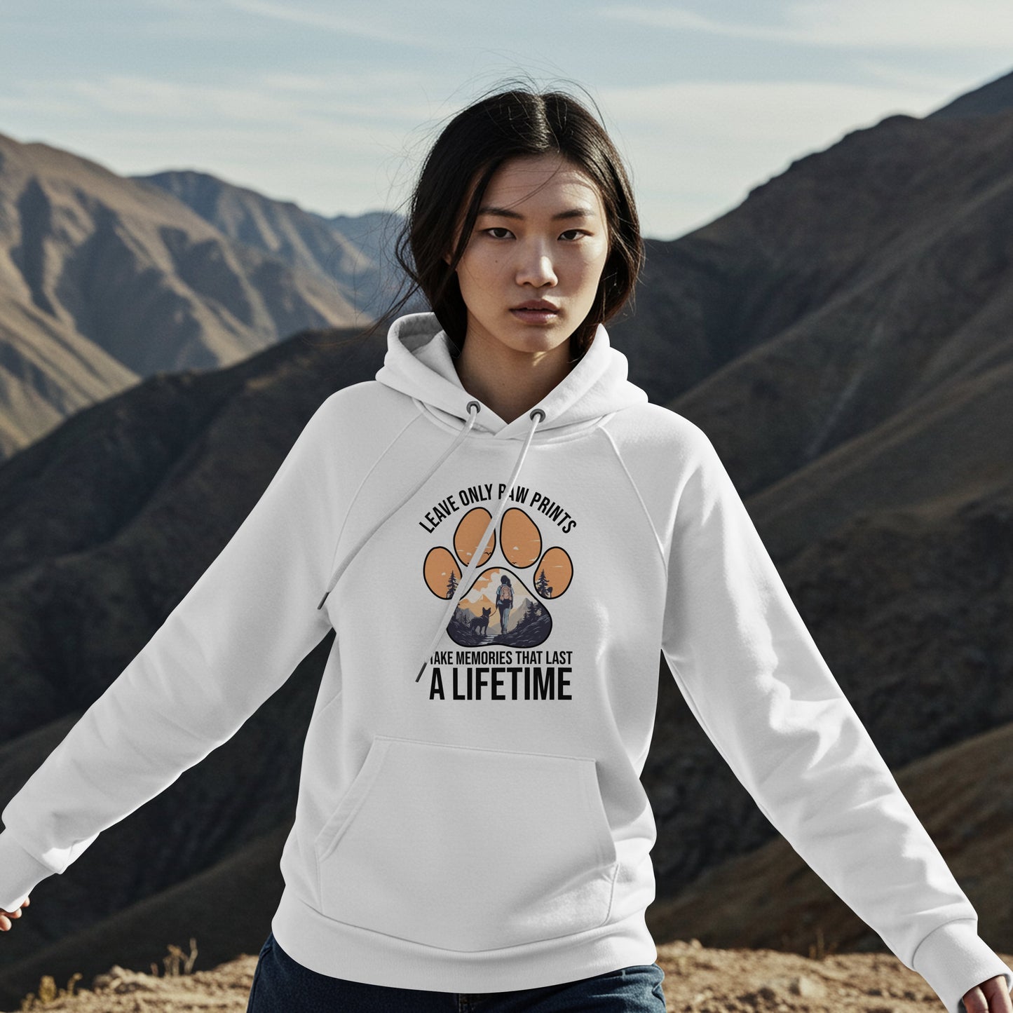 “Leave Only Paw Prints, Take Memories That Last a Lifetime” Hiking Dog Lover Hoodie – Cozy Unisex Nature Adventure Pullover for Outdoor Pet Parents