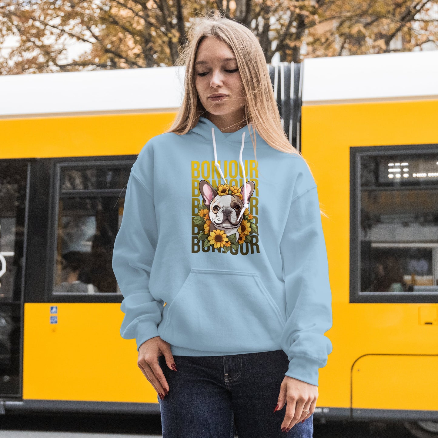 French Bulldog Sunflower Hoodie – Cute Bonjour Frenchie Pullover for Dog Lovers, Cozy Floral Gift for Her
