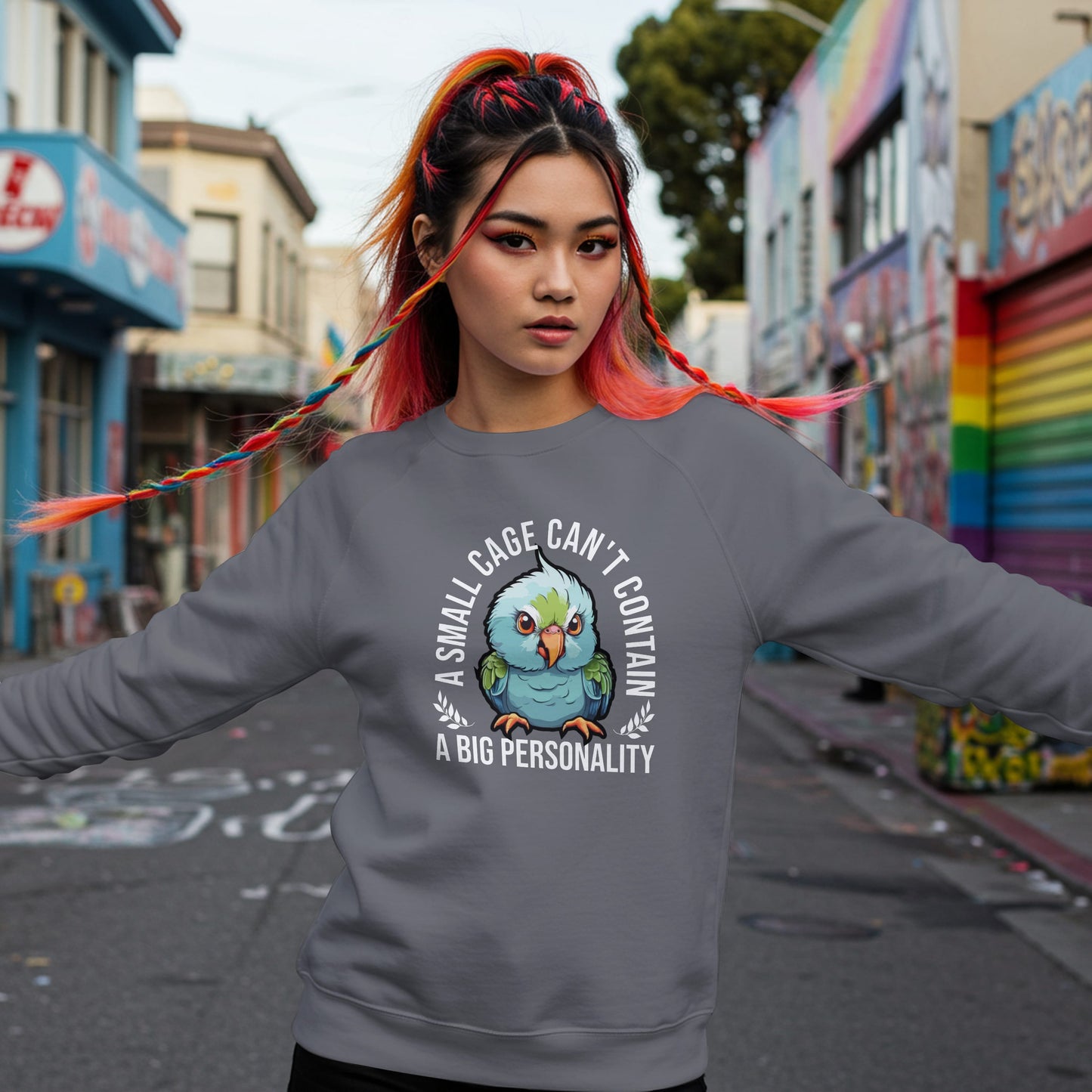 “A Small Cage Can’t Contain a Big Personality” Funny Parrot Sweatshirt – Colorful Bird Lover Gift for Pet Parrot Owners & Exotic Animal Fans