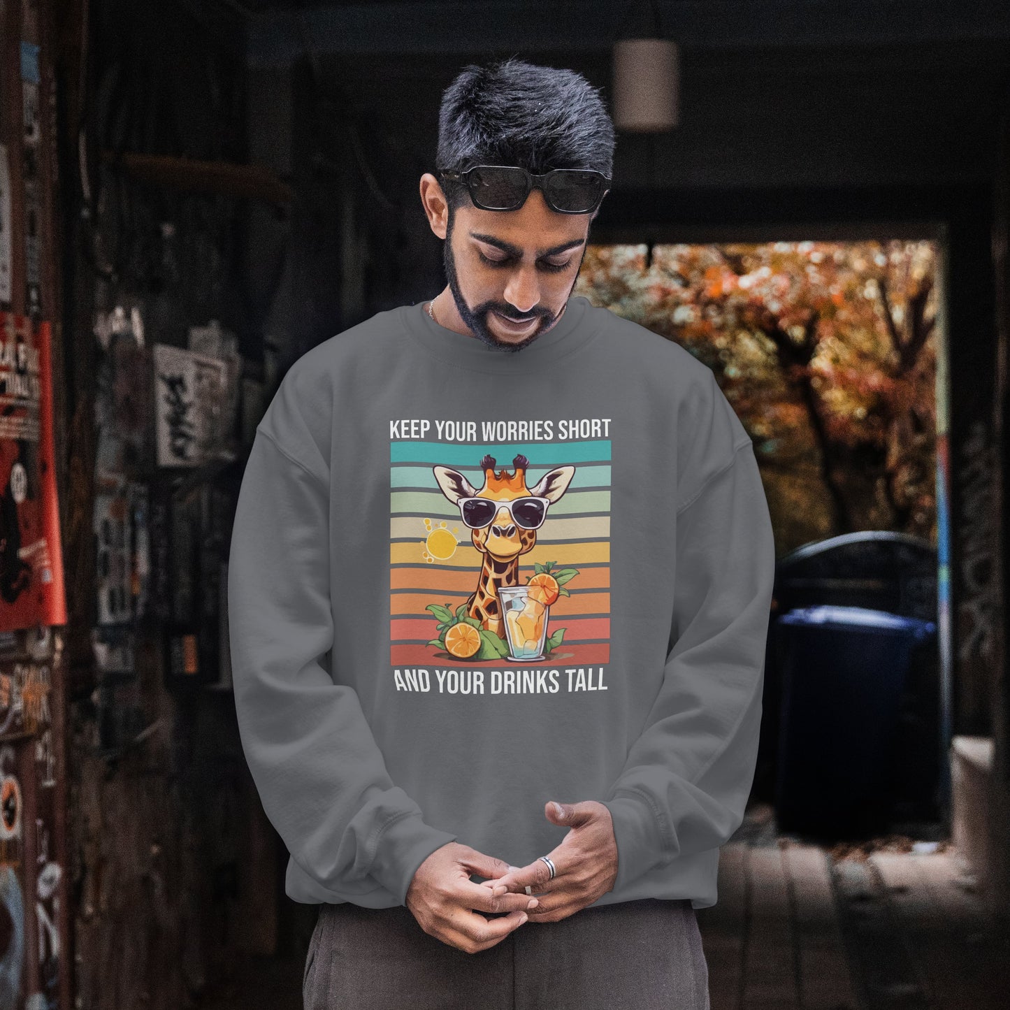 “Keep Your Worries Short & Your Drinks Tall” Giraffe Sweatshirt – Funny Summer Animal Graphic, Citrus Spritz Vibes for Bold Animal Lovers