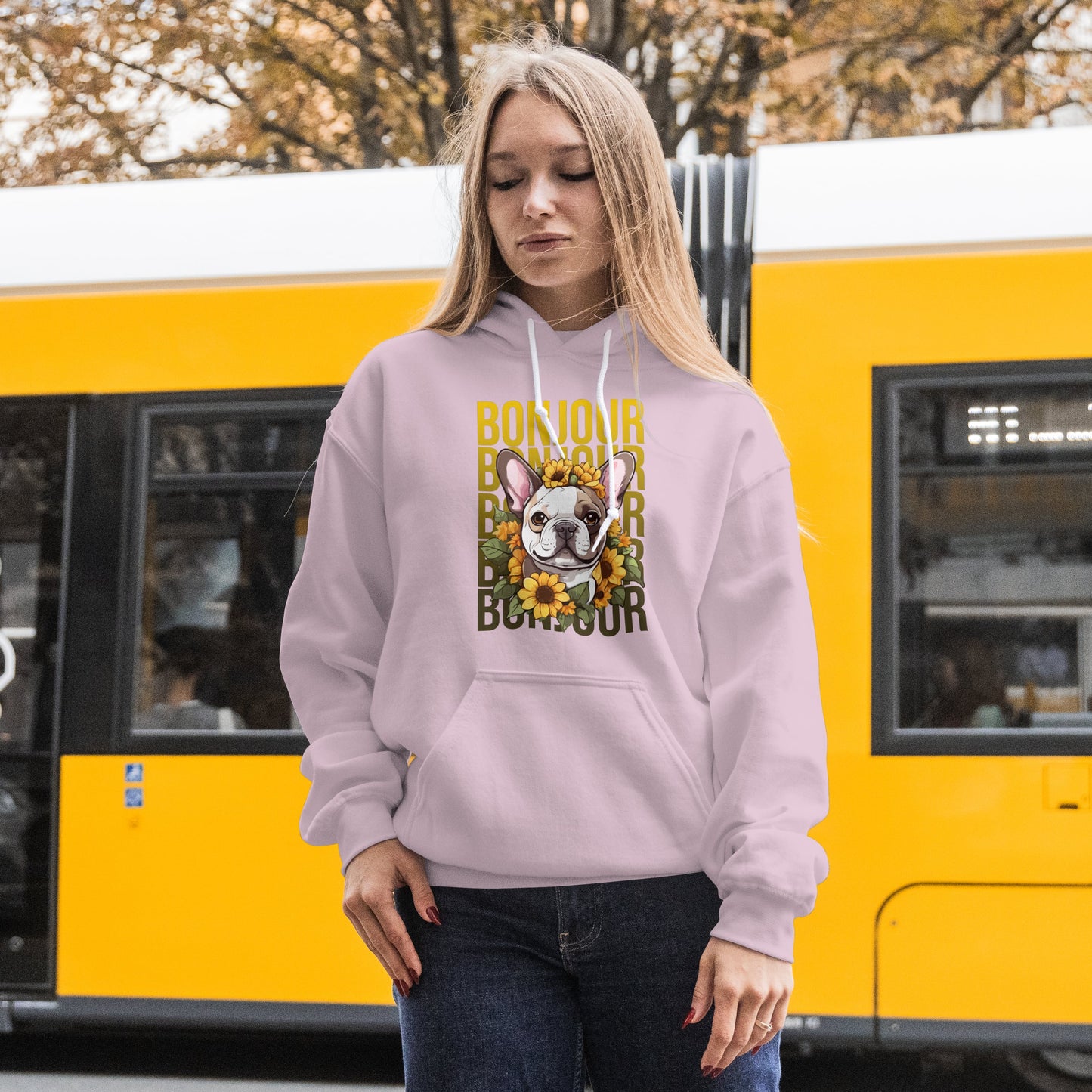 French Bulldog Sunflower Hoodie – Cute Bonjour Frenchie Pullover for Dog Lovers, Cozy Floral Gift for Her