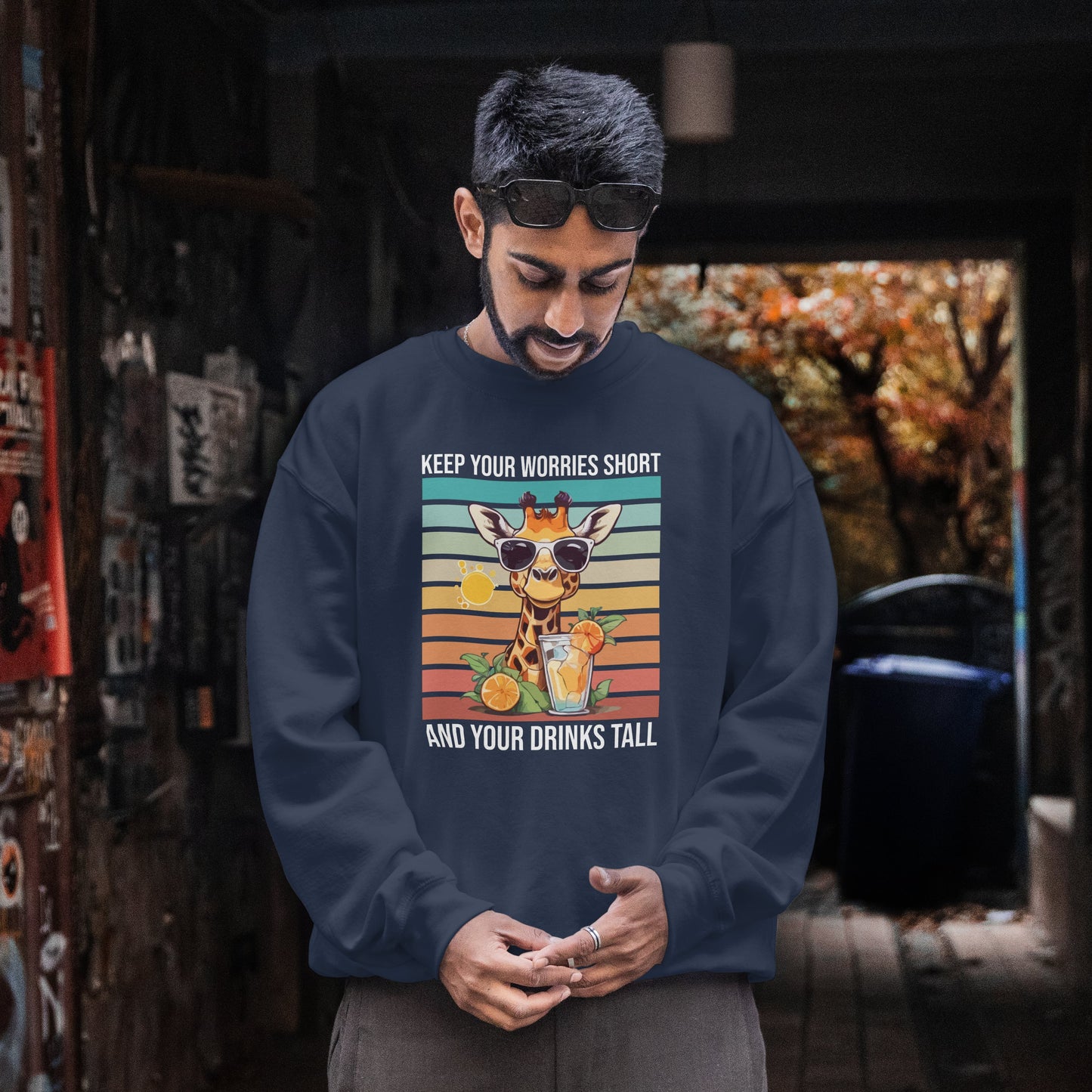 “Keep Your Worries Short & Your Drinks Tall” Giraffe Sweatshirt – Funny Summer Animal Graphic, Citrus Spritz Vibes for Bold Animal Lovers