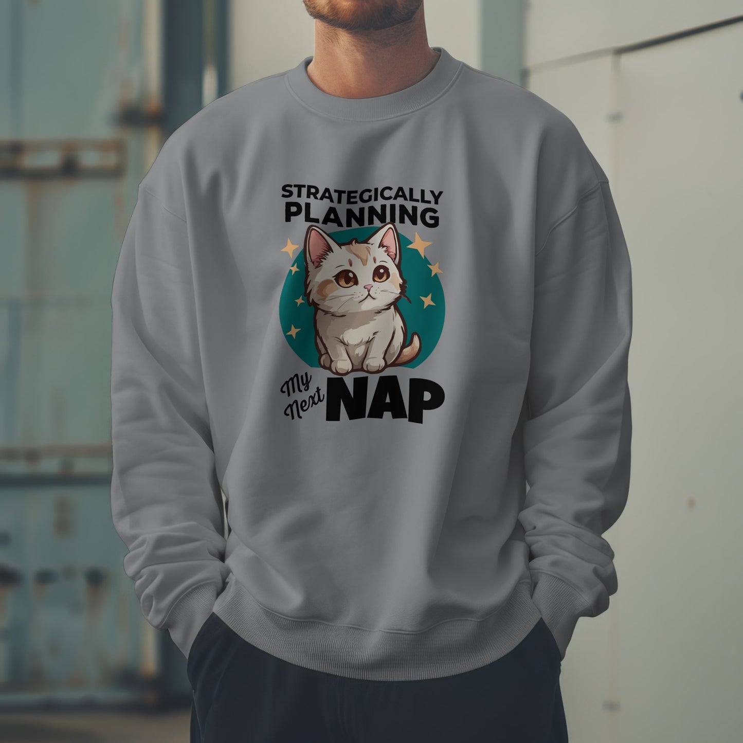 “Strategically Planning My Next Nap” Funny Cat Sweatshirt – Lazy Cat Lover Gift, Cozy Unisex Pullover for Pet Parents, Introverts & Nap Queens