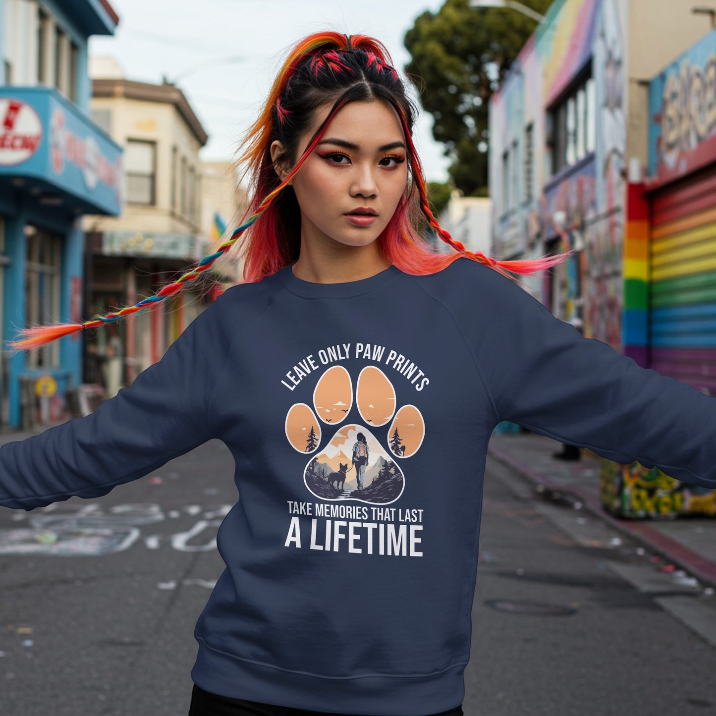 “Leave Only Paw Prints, Take Memories That Last a Lifetime” Hiking Dog Lover Sweatshirt – Cozy Unisex Adventure Pullover for Outdoor Pet Parents & Nature Lovers