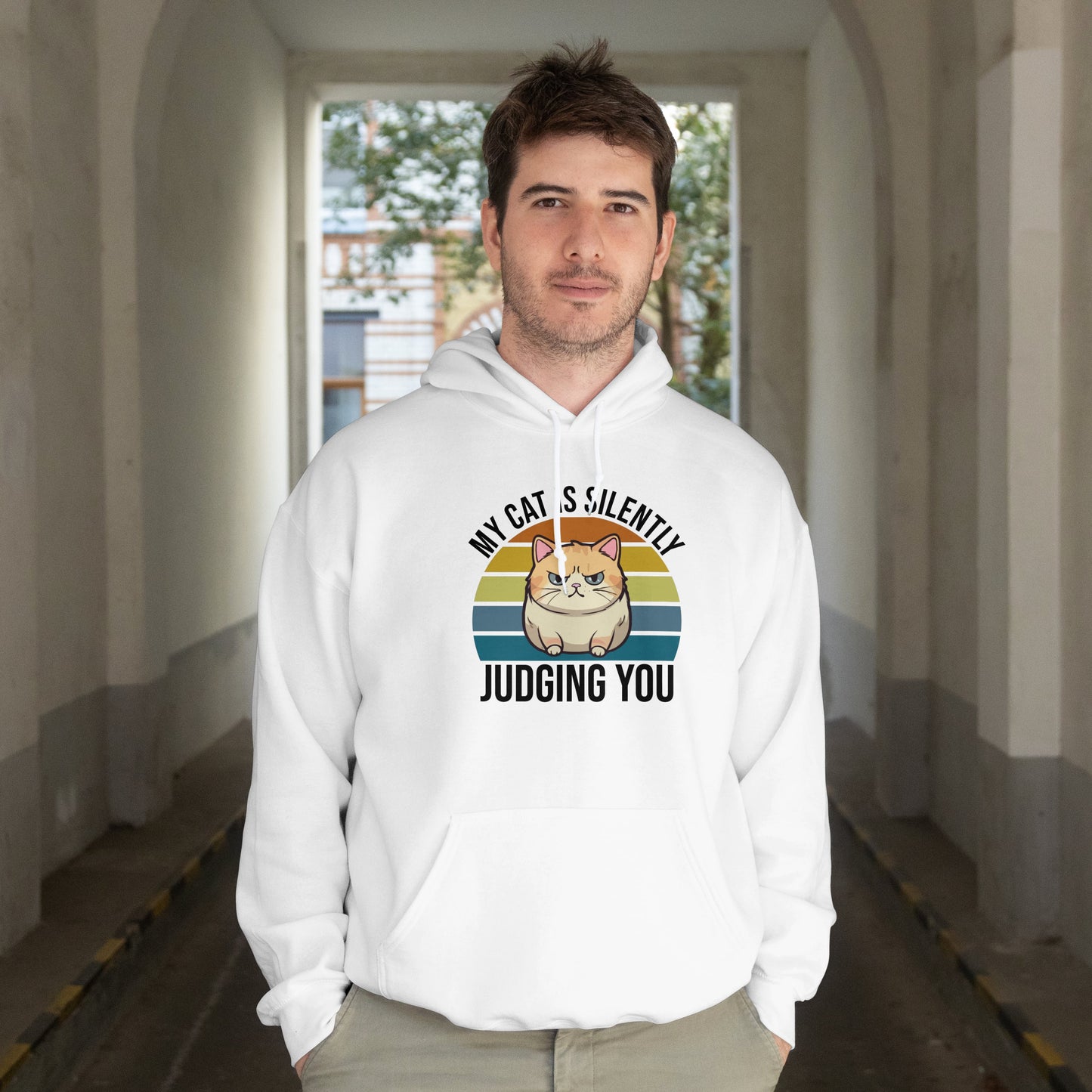 “My Cat Is Silently Judging You” Funny Cat Lover Hoodie – Snarky Unisex Pullover Gift for Pet Parents, Introverts & Feline Fans