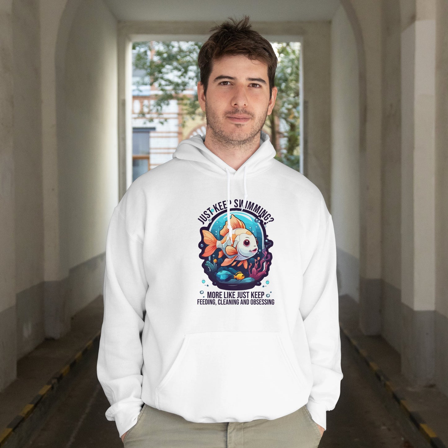 “Just Keep Feeding, Cleaning & Obsessing” Funny Pet Owner Hoodie – Parody Quote for Fish, Pet & Aquarium Lovers, Obsessive Animal Parent Gift