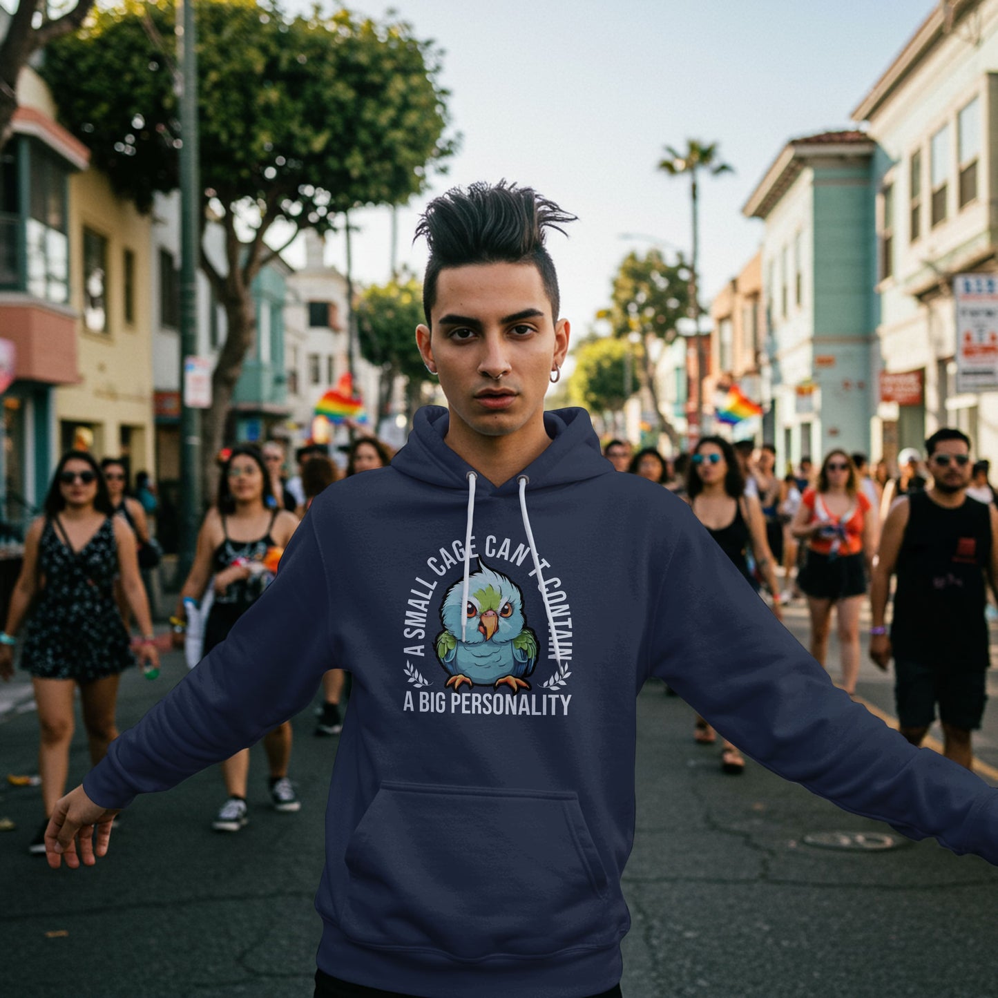 “A Small Cage Can’t Contain a Big Personality” Funny Parrot Hoodie – Bold Bird Lover Gift, Colorful Pet Parrot Apparel for Exotic Pet Parents