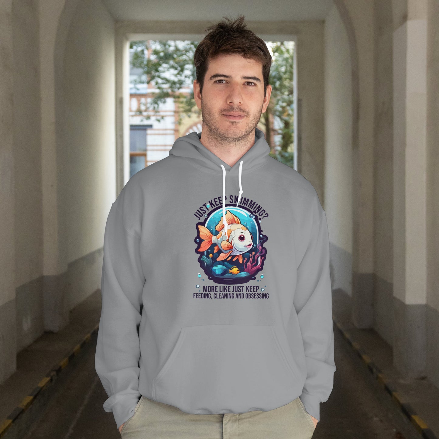 “Just Keep Feeding, Cleaning & Obsessing” Funny Pet Owner Hoodie – Parody Quote for Fish, Pet & Aquarium Lovers, Obsessive Animal Parent Gift