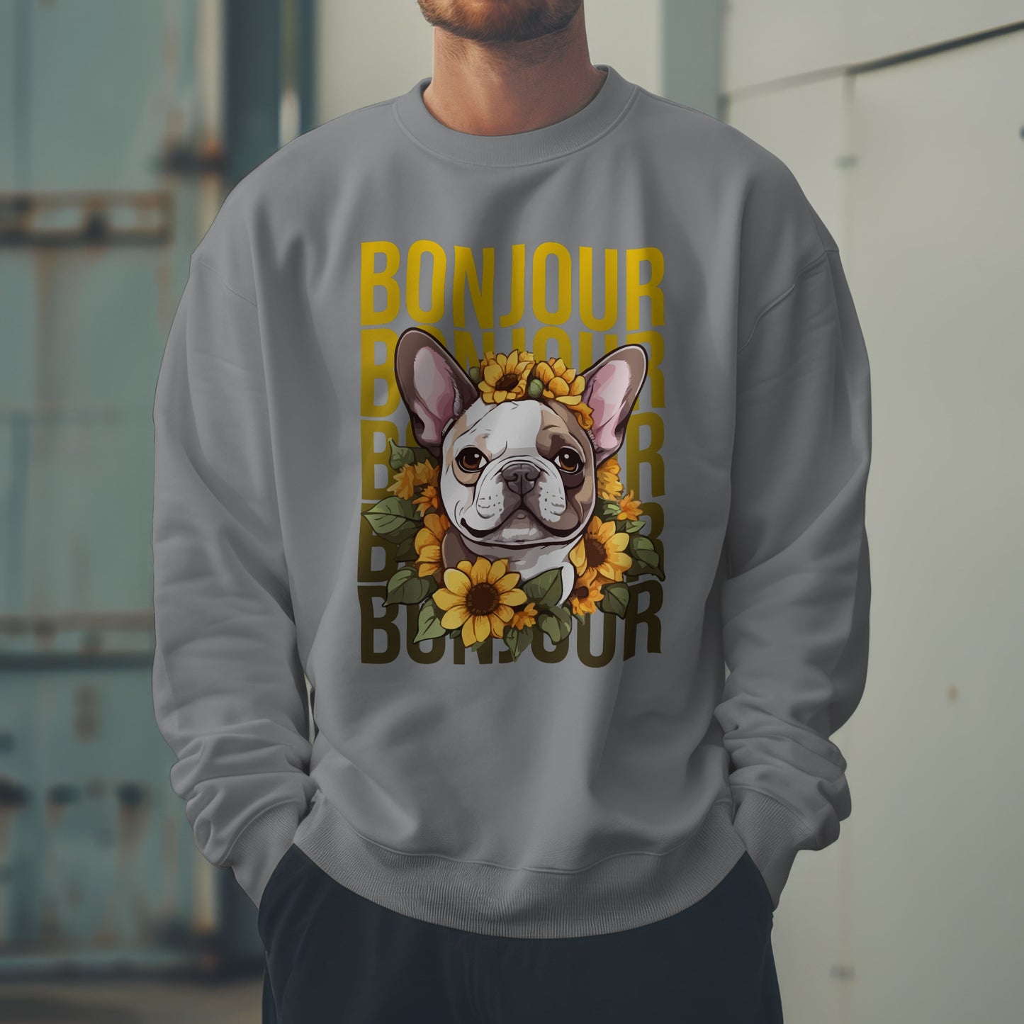 French Bulldog Sunflower Sweatshirt – Cute Bonjour Frenchie Pullover for Dog Lovers, Cozy Fall Gift for Her