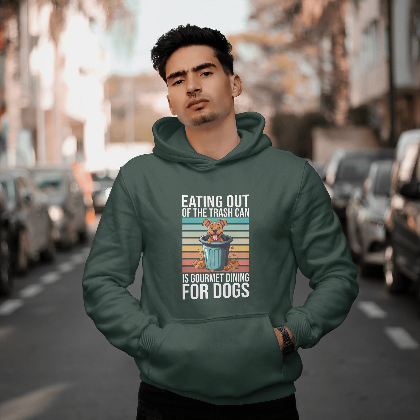 Trash Can Gourmet Dog Hoodie – Funny Dog Graphic Tee for Pet Lovers, Cozy Furparent Unisex Pullover Gift