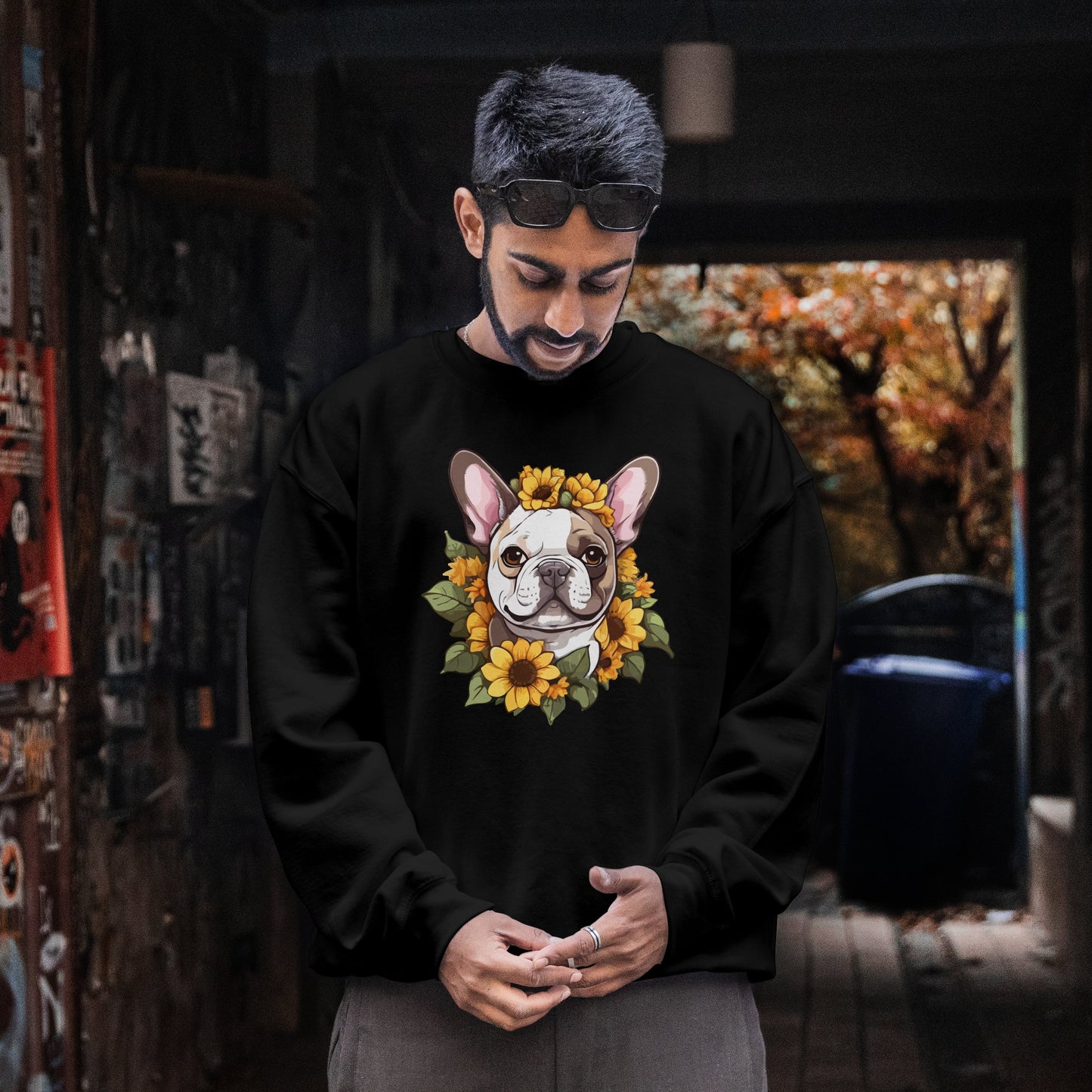 French Bulldog Sunflower Sweatshirt – Cute Bonjour Frenchie Crewneck for Dog Lovers, Cozy Floral Gift for Pet Moms & Dads