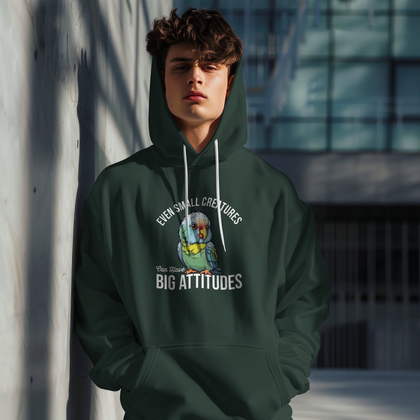 “Even Small Creatures Can Have Big Attitude” Parrot Hoodie – Bold Pet Bird Graphic, Funny Animal Lover Gift, Sassy Bird Apparel
