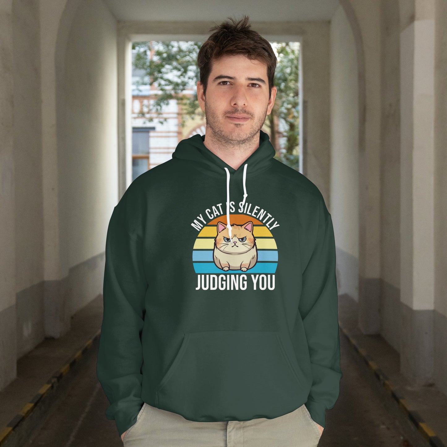 “My Cat Is Silently Judging You” Funny Cat Lover Hoodie – Snarky Unisex Pullover Gift for Pet Parents, Introverts & Feline Fans