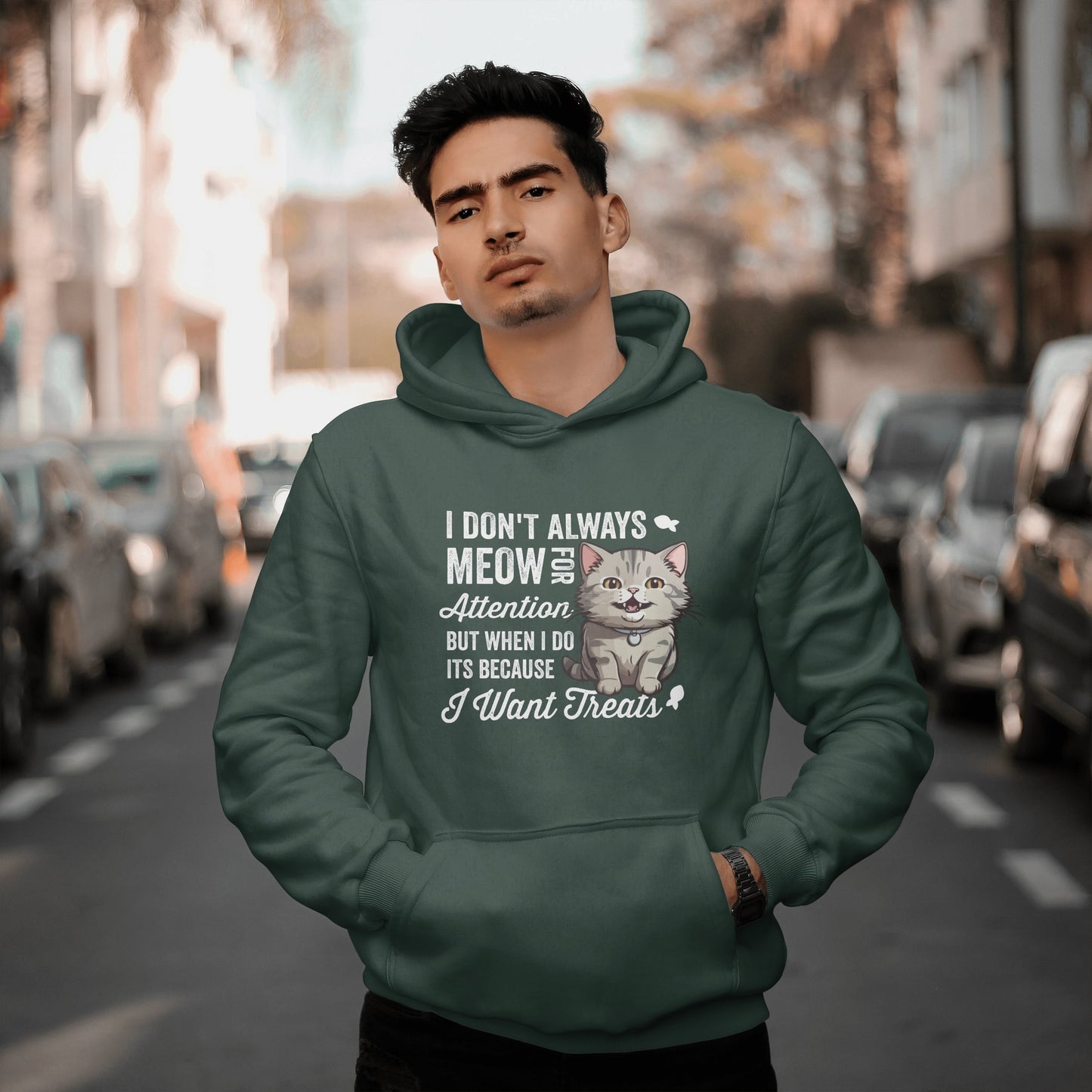 Funny Cat Hoodie – “I Don’t Always Meow for Attention” Quote, Cozy Unisex Pullover for Cat Moms & Dads, Cute Pet Lover Gift