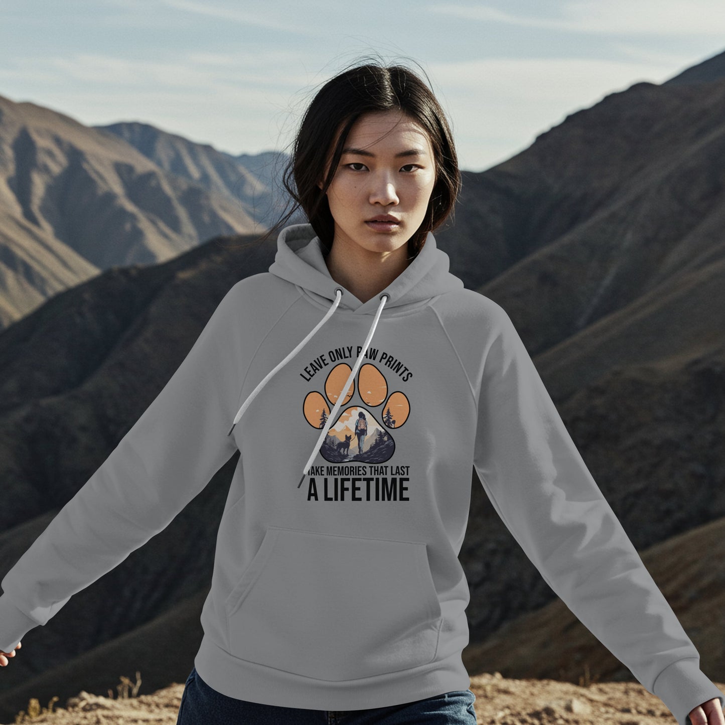 “Leave Only Paw Prints, Take Memories That Last a Lifetime” Hiking Dog Lover Hoodie – Cozy Unisex Nature Adventure Pullover for Outdoor Pet Parents