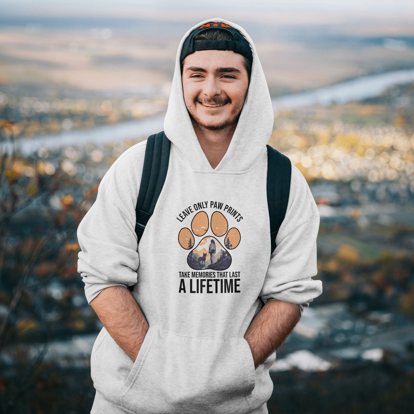 “Leave Only Paw Prints, Take Memories That Last a Lifetime” Hiking Dog Lover Hoodie – Cozy Unisex Nature Adventure Pullover for Outdoor Pet Parents