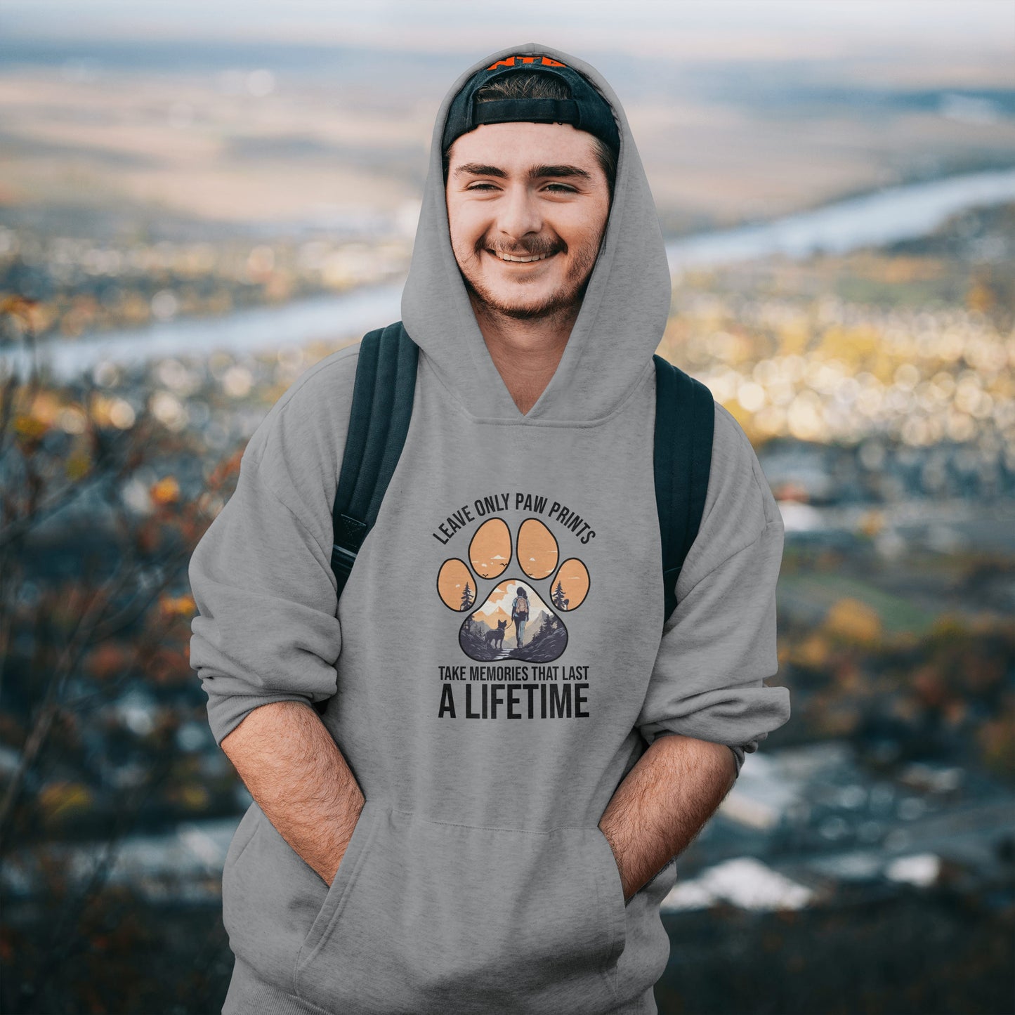 “Leave Only Paw Prints, Take Memories That Last a Lifetime” Hiking Dog Lover Hoodie – Cozy Unisex Nature Adventure Pullover for Outdoor Pet Parents