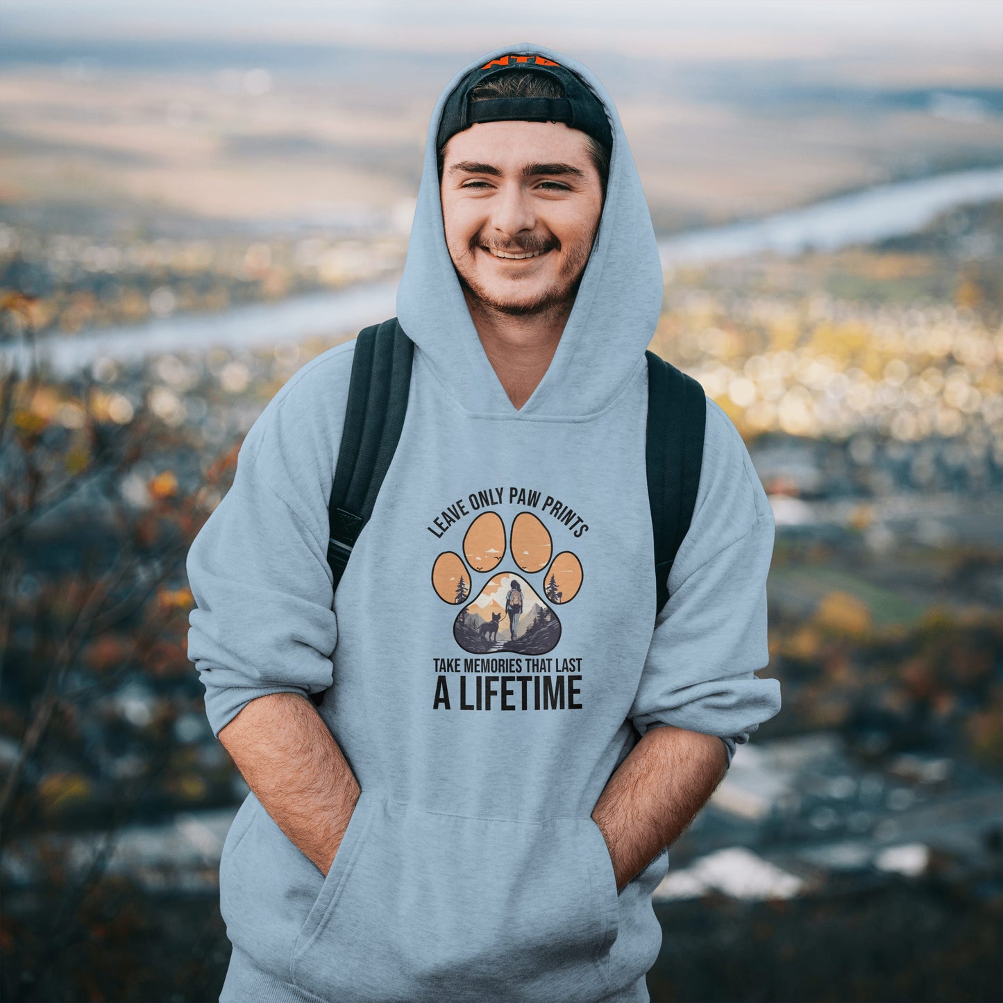 “Leave Only Paw Prints, Take Memories That Last a Lifetime” Hiking Dog Lover Hoodie – Cozy Unisex Nature Adventure Pullover for Outdoor Pet Parents